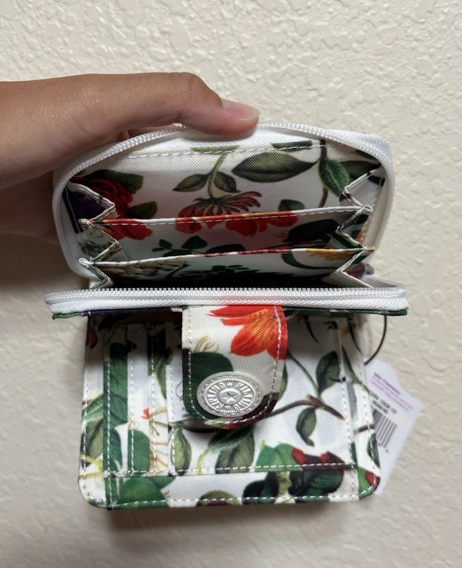 Kipling Floral Print Small Wallet, Button Closure With Various Slots; Brand New
