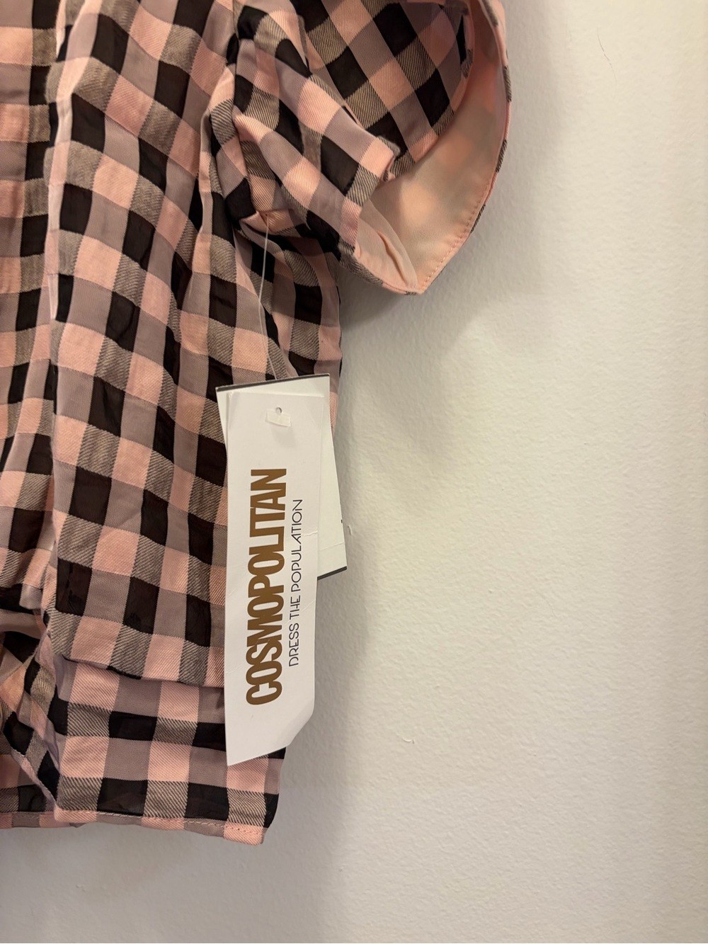 NWT Cosmopolitan x Dress the Population Plaid Tie Front Puff Sleeve Top Womens L