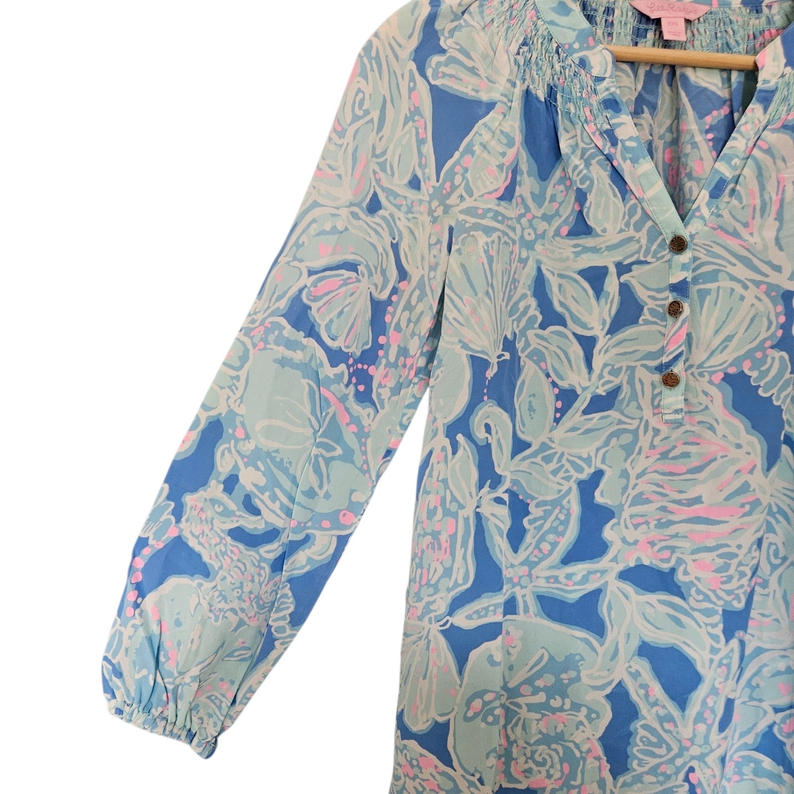Lilly Pulitzer 100% Silk Elsa Nautical Print Blouse Seahorse Starfish Blue XXS