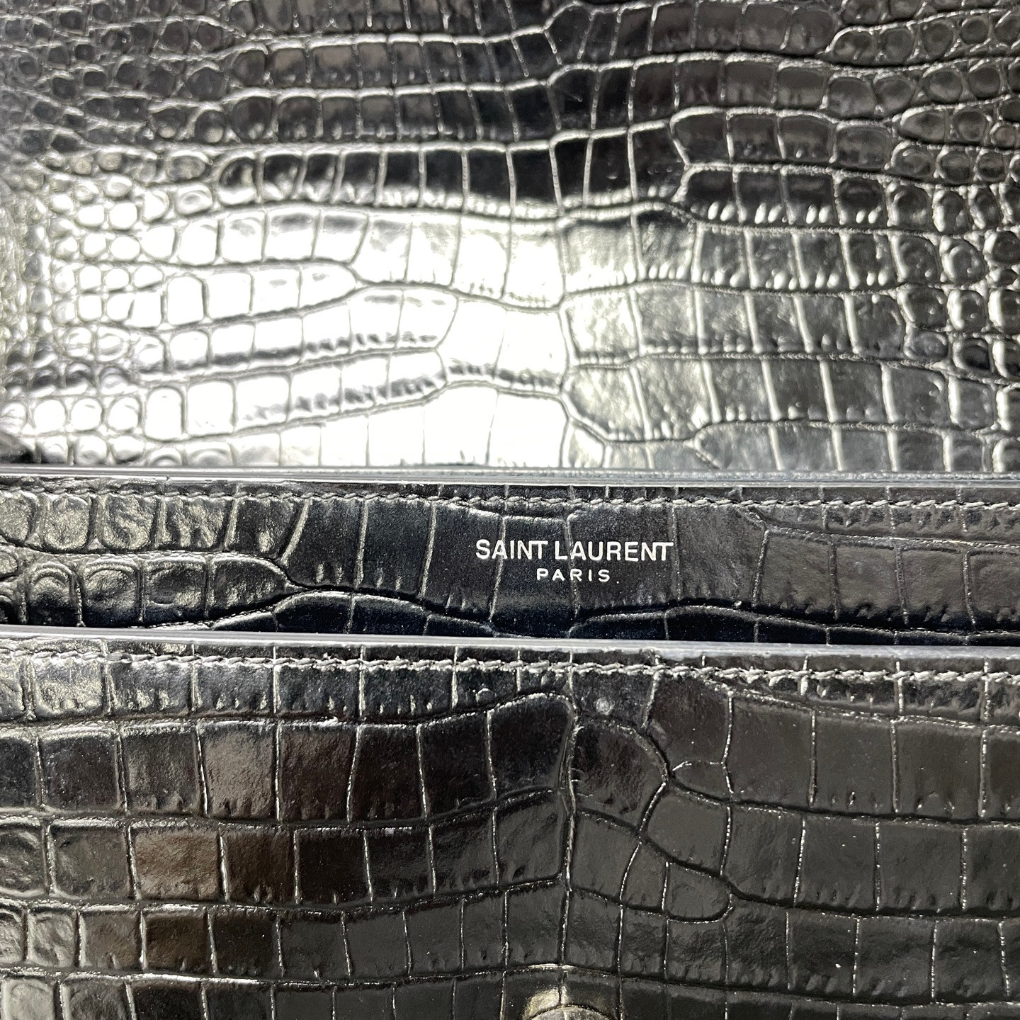 Authentic Saint Laurent Sunset Crocodile Embossed Leather Crossbody Black eBay