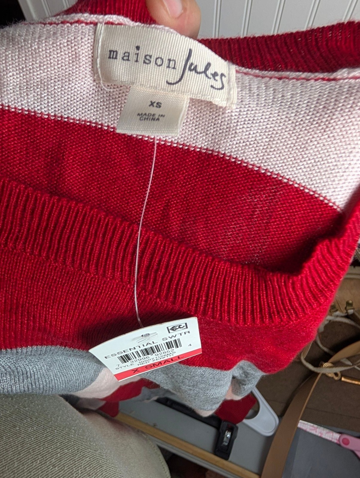 Maison Jules Essential Striped Pullover Sweater Red Pink Gray