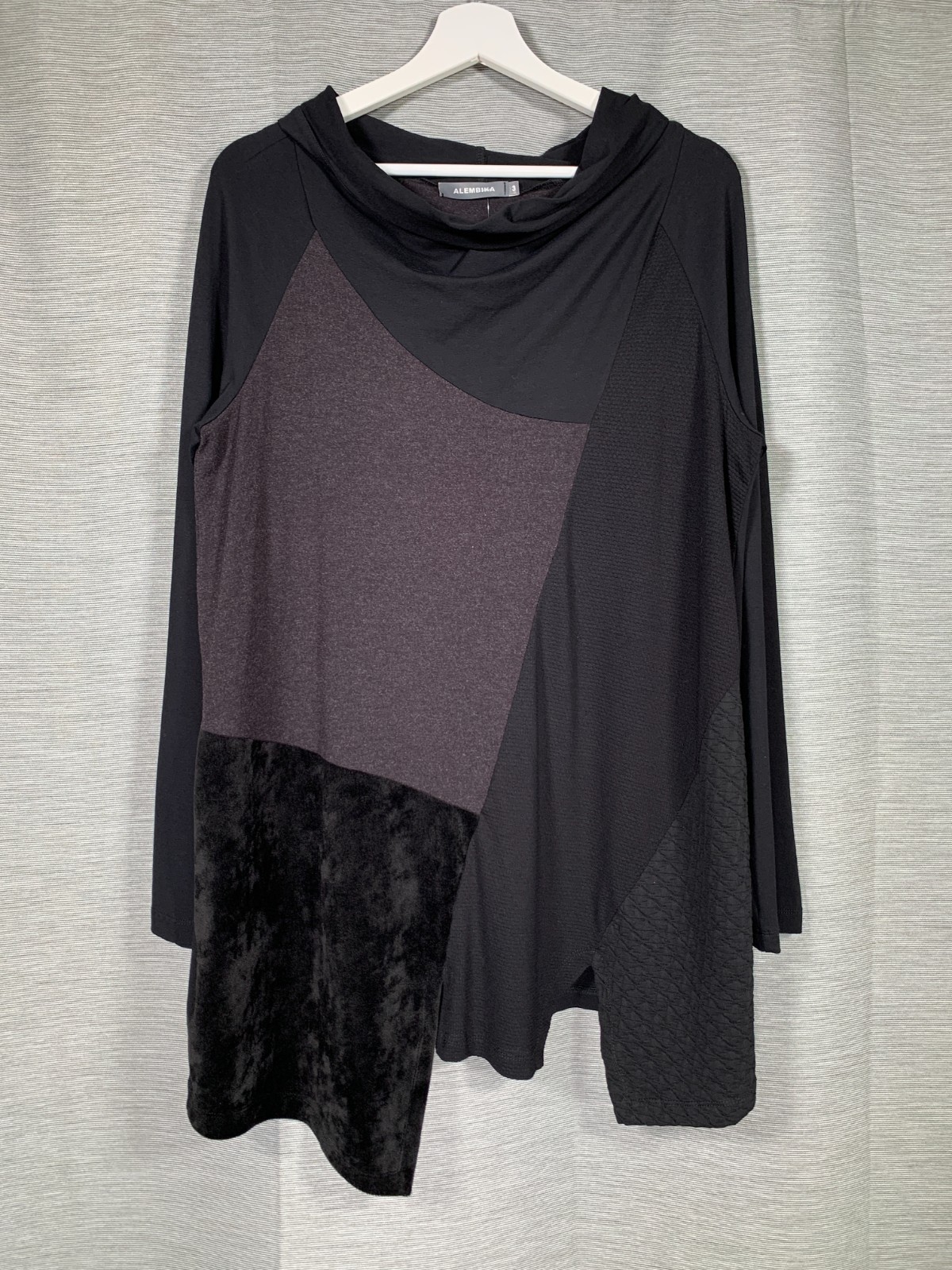 Alembika Tunic Top Size UK14 Black Asymmetric Cowl Stretch Jersey Lagenlook Arty