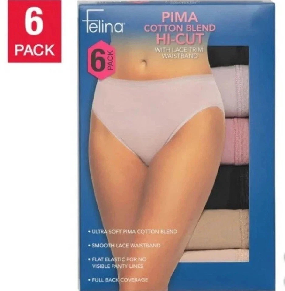 NEW Felina Women’s Hi-Cut, 6-pack lace trim panties, LARGE
