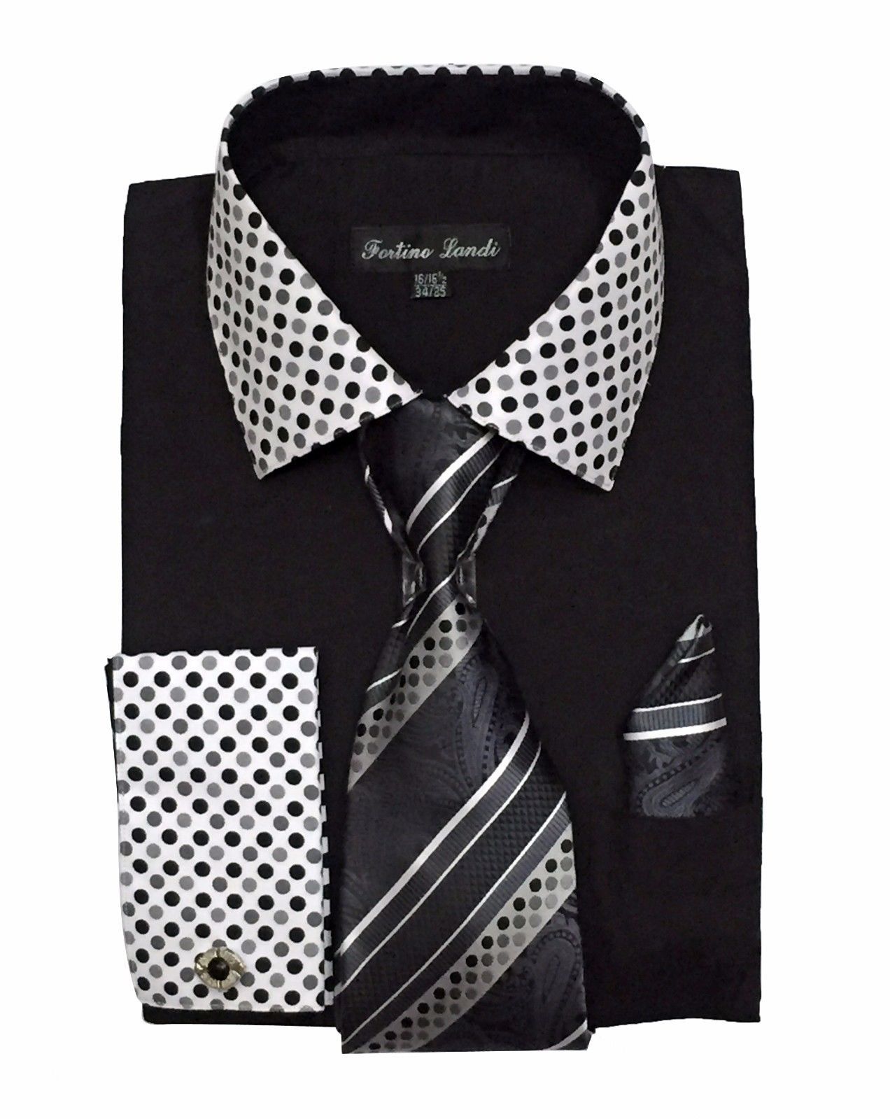 Men’s Fashion Polka Dot Design French cuff Dress Shirt W/Tie&Hanky Black, White