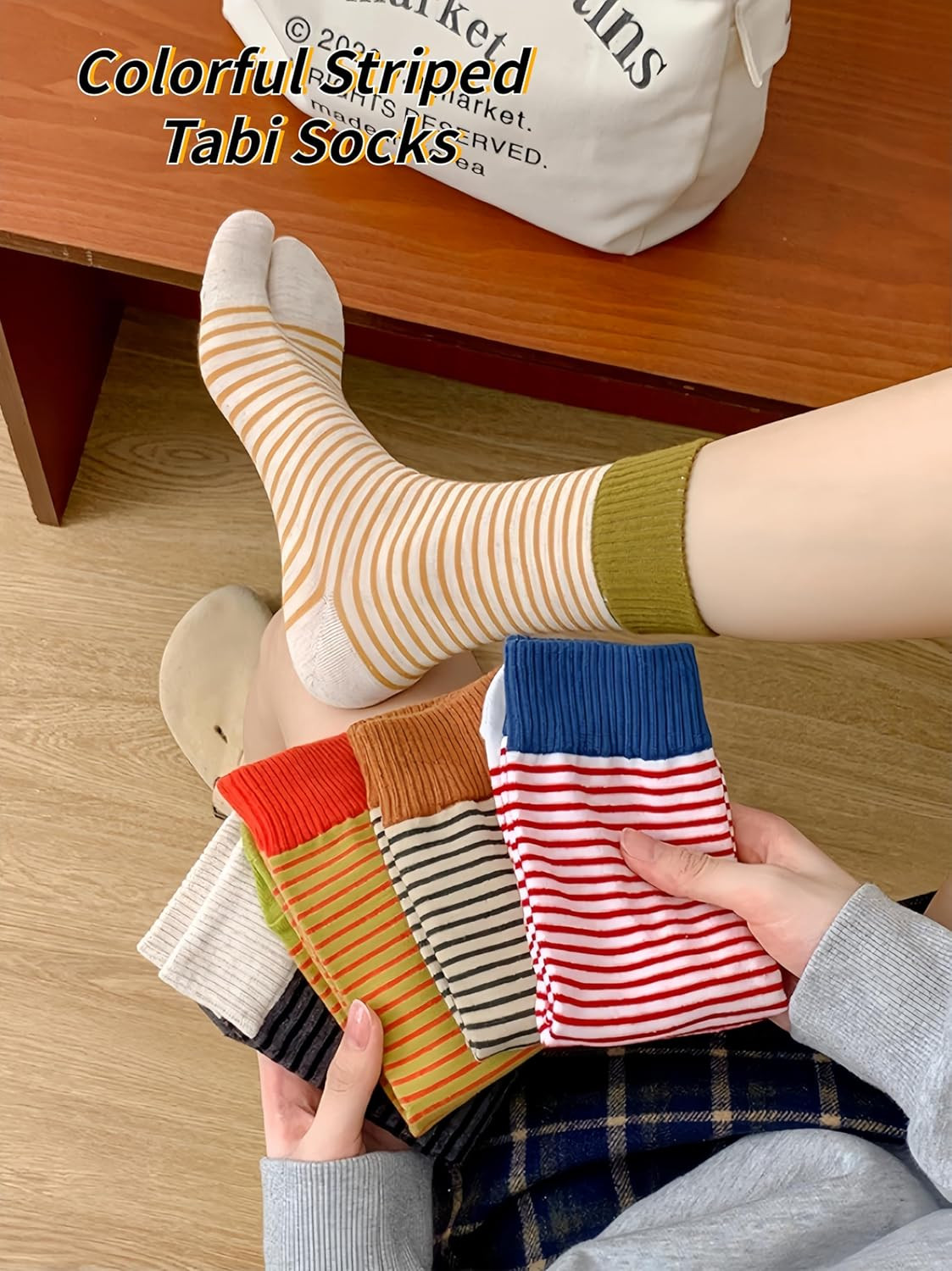 5 Pairs Colorful Striped Flip Flops Socks for Women Cotton Casual Tabi Socks for