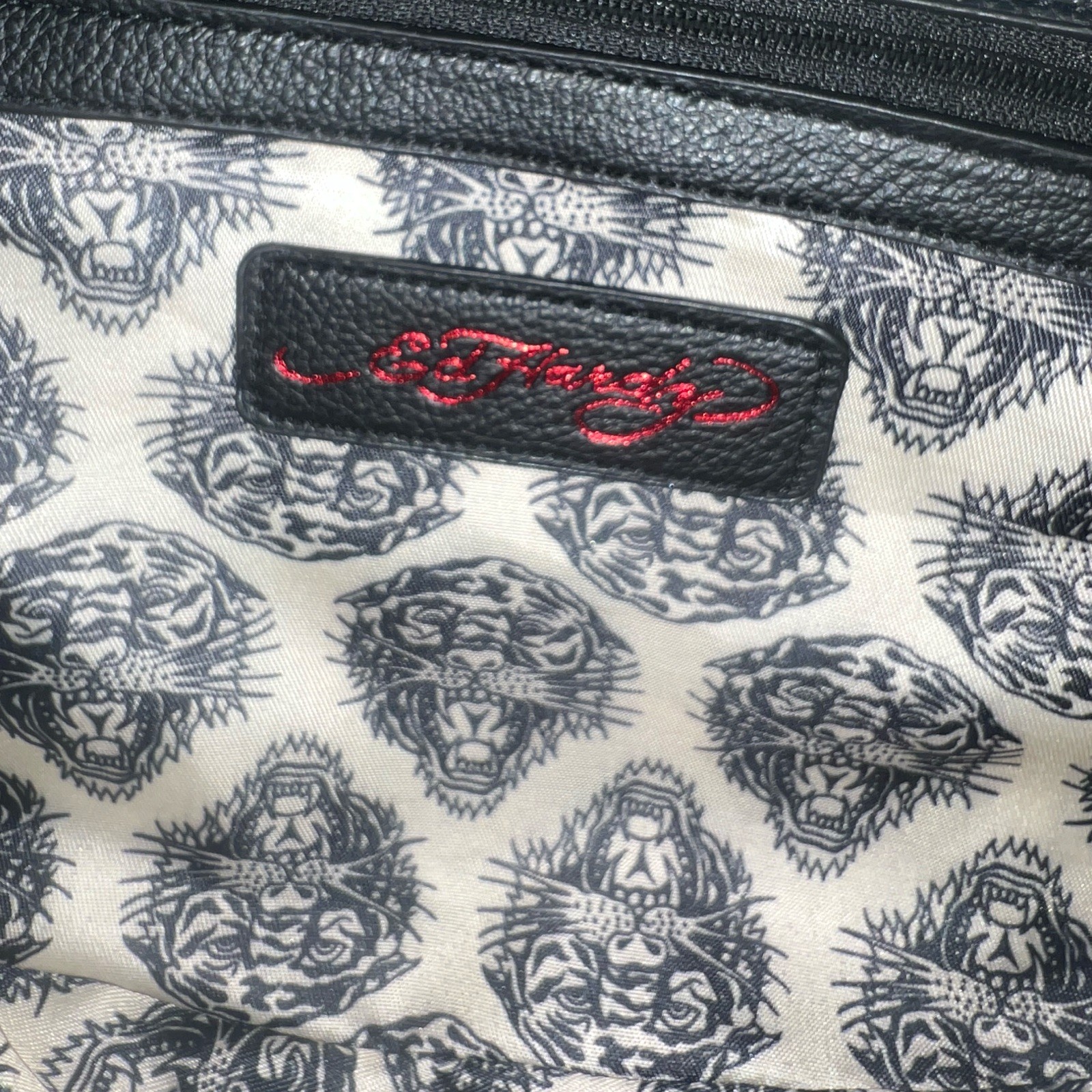 Ed Hardy Small Black Shoulder Bag Tiger Graphic Skull Tattoo Zip Closure Charm