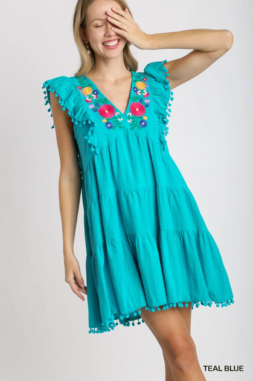 Umgee Turquoise V-Neck Embroidery Short Tiered Dress w/ Flutter Sleeves Pom Poms