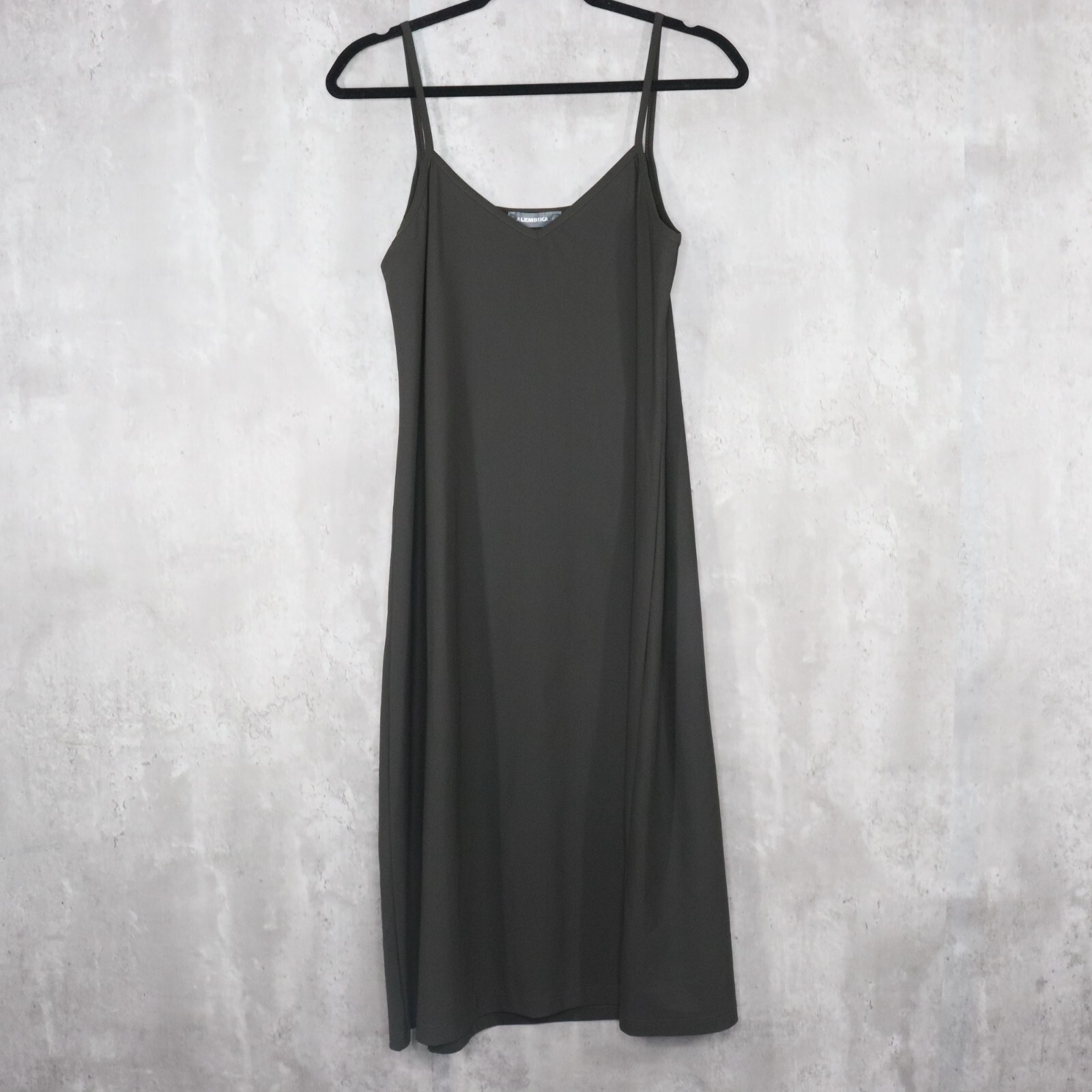 Alembika Dress Womens Size 3 Olive Green Spaghetti Strap Midi V Neck Nylon