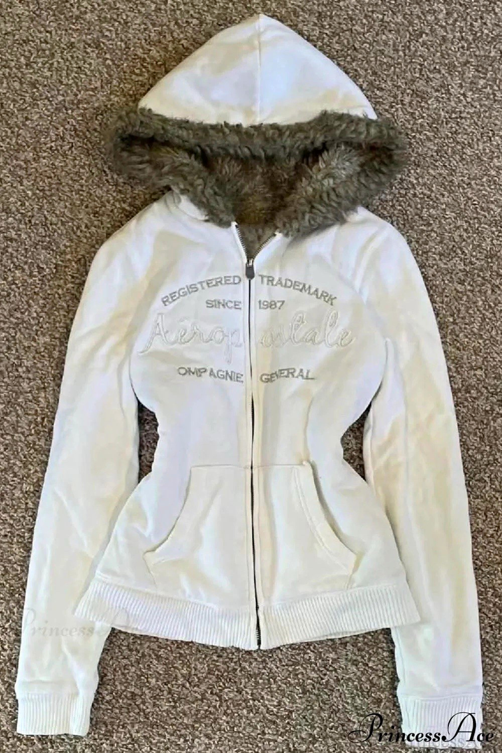 Aéropostale Women’s Full Zip Hooded Hoodie Faux Fur Trim Pockets White S