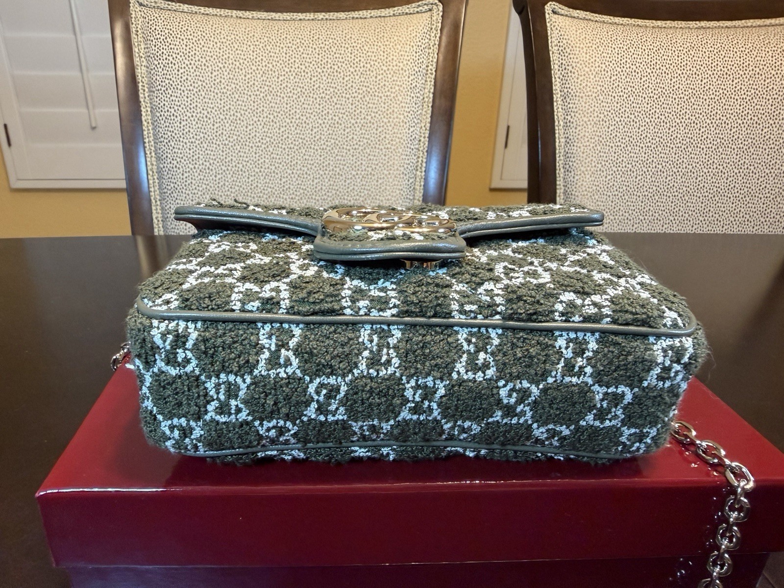 New Authentic Gucci GG Marmont Tweed Logo Shoulder Bag Mini Green