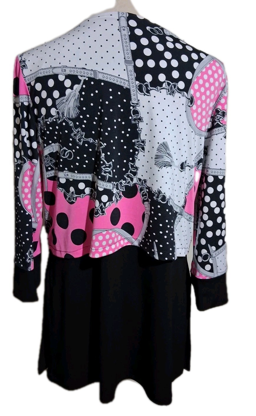 Nygard Layered Tunic Stretch Top Pink Black White Mixed Print 3/4 Sleeve Small