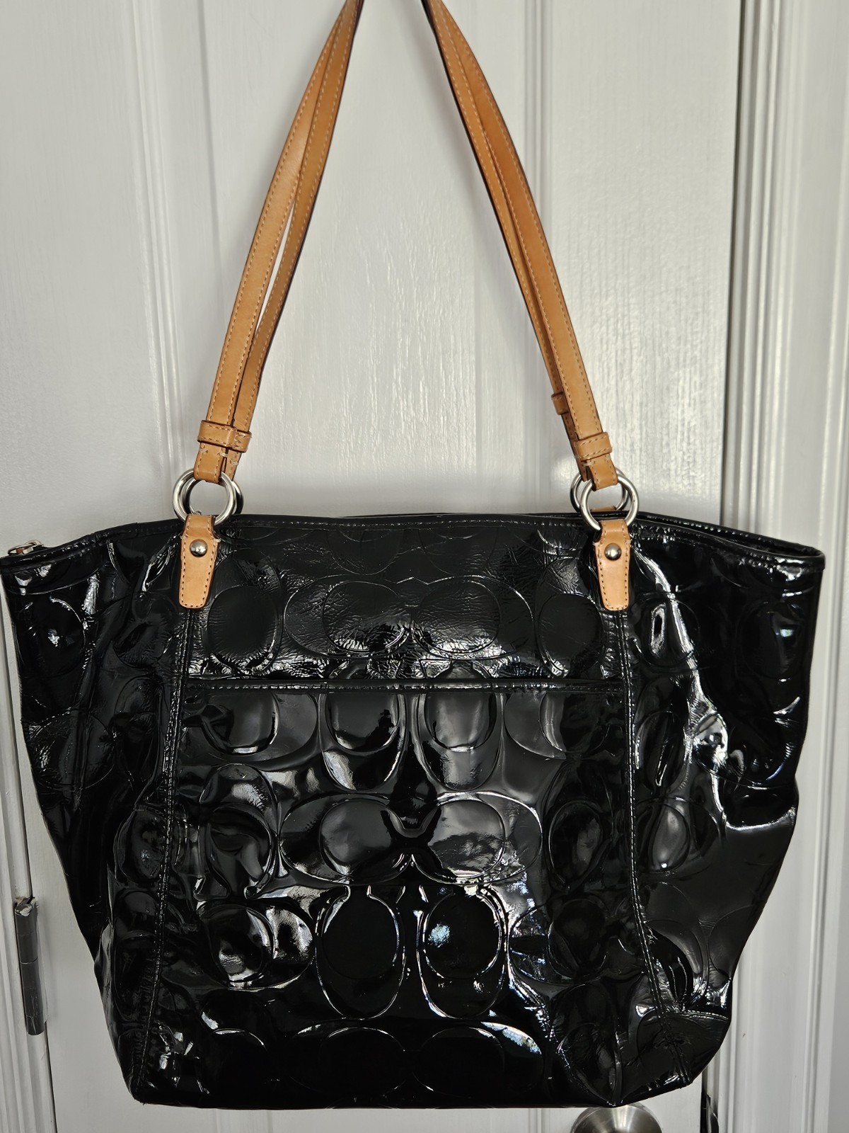 COACH SIGNATURE LEAH EMBOSSED PATENT LEATHER SHOULDER TOTE BAG F14662 SHOPPER