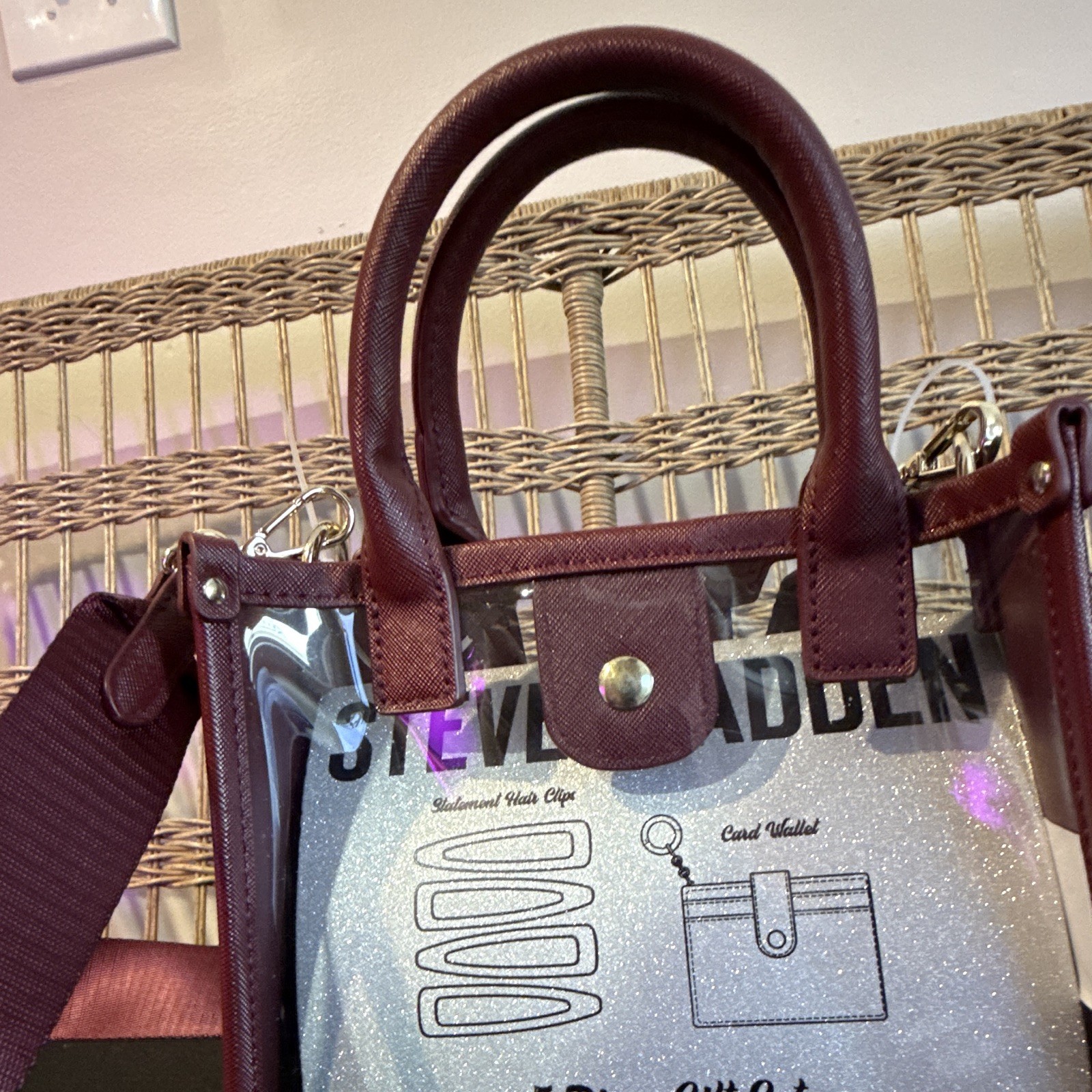 NWT Steve Madden Clear Box Tote With Burgandy Gift Set