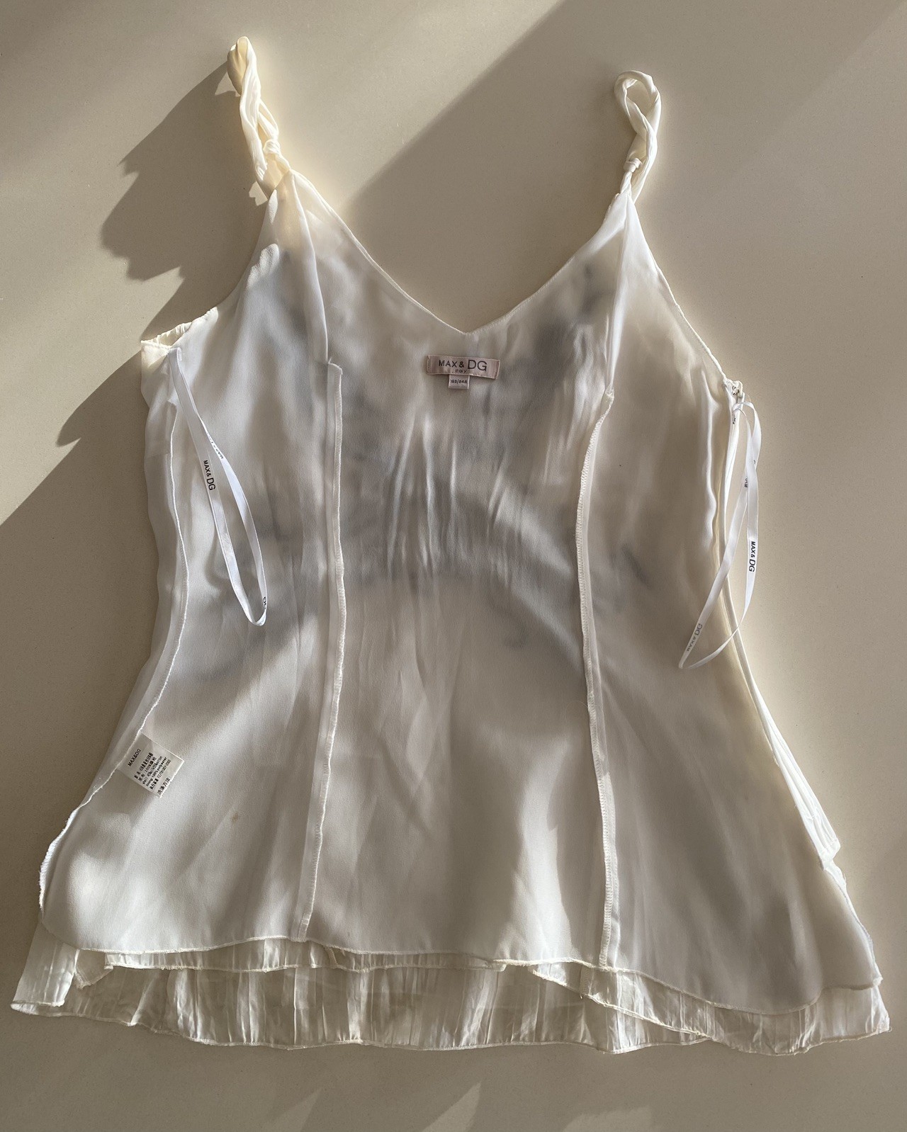 MAX & DG Italy White Silk cami top Black sequin Spaghetti Petite 160/84A NWOT