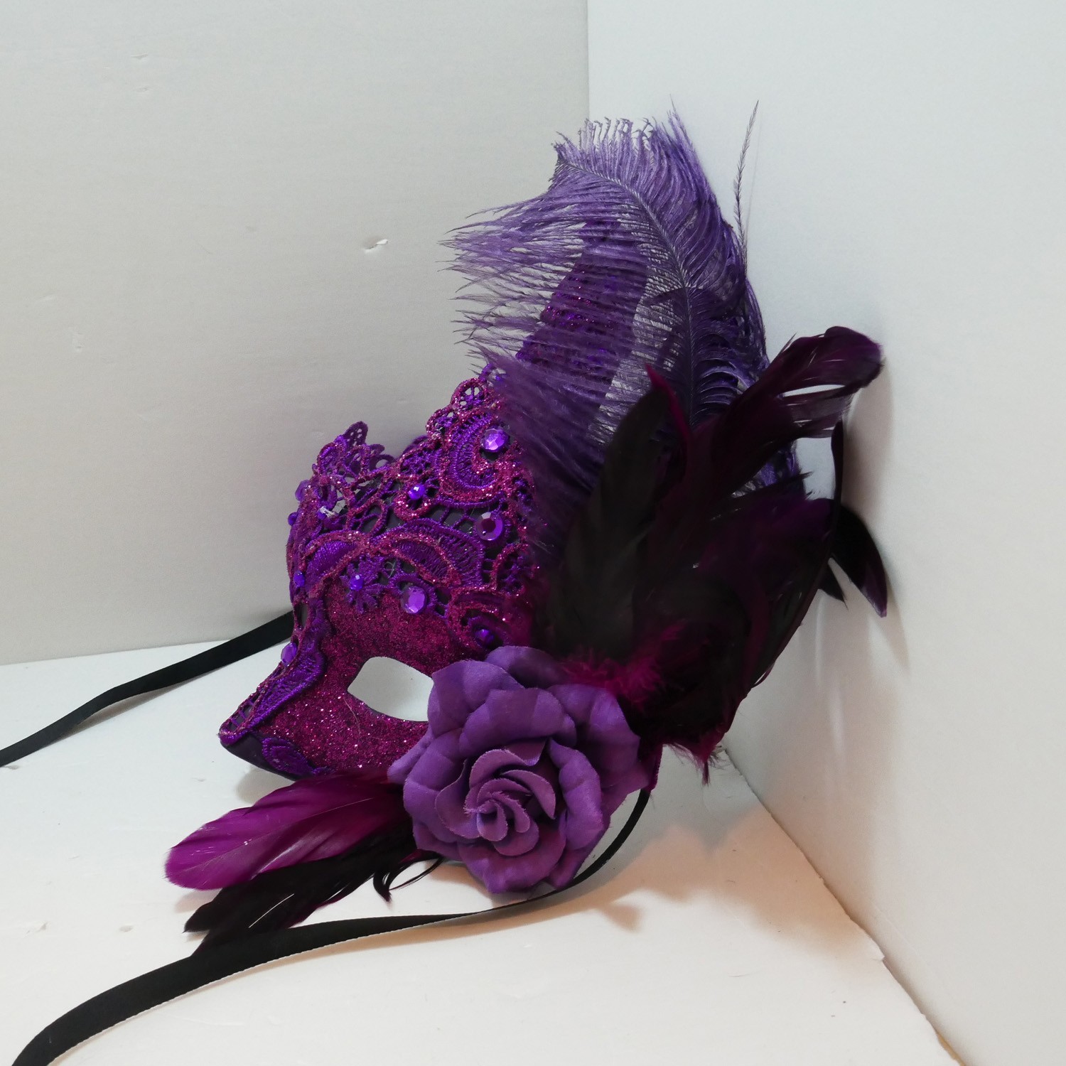 Venetian Adult Eye Mask with Feather Accents & Ribbon Ties Purple glitter rose