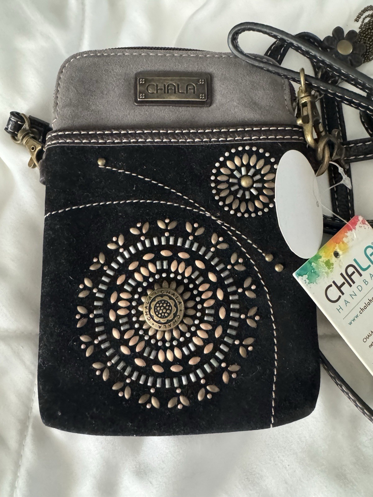 Chala Cell Phone Crossbody Bag Black Vegan Leather Mandala Studded Messenger
