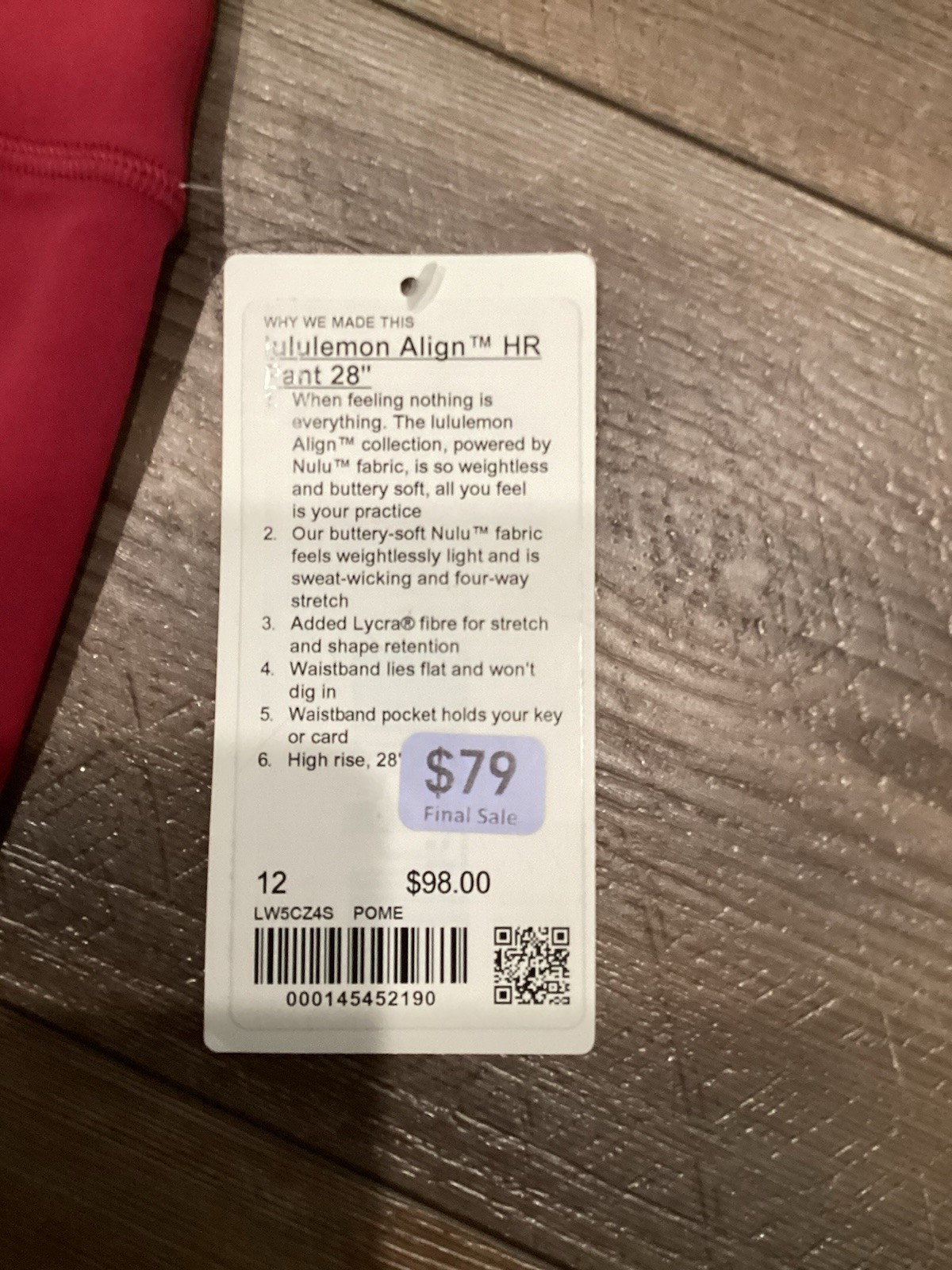 NWT Lululemon Align High Rise Leggings in Raspberry Dark Magenta Pink Size 12