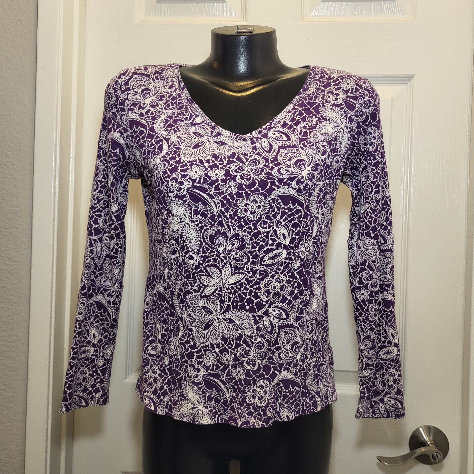 Charter Club 100% Pima Cotton Long Sleeve Purple/White Design Top Sz Petite/S
