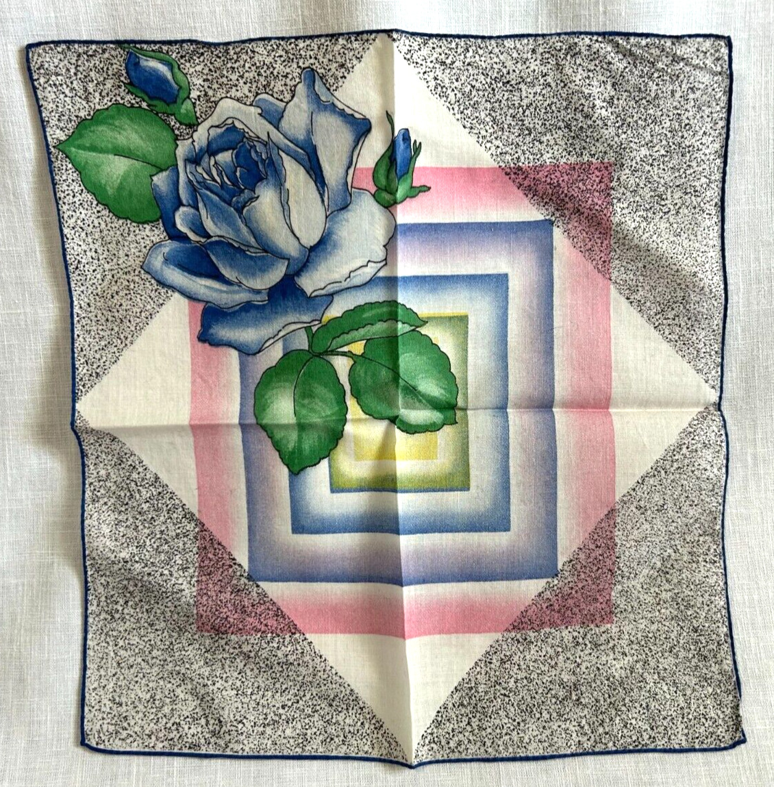 Vintage Ladies Cotton Handkerchief 11 in x 11.5 in Blue Rose Hand Rolled Hem