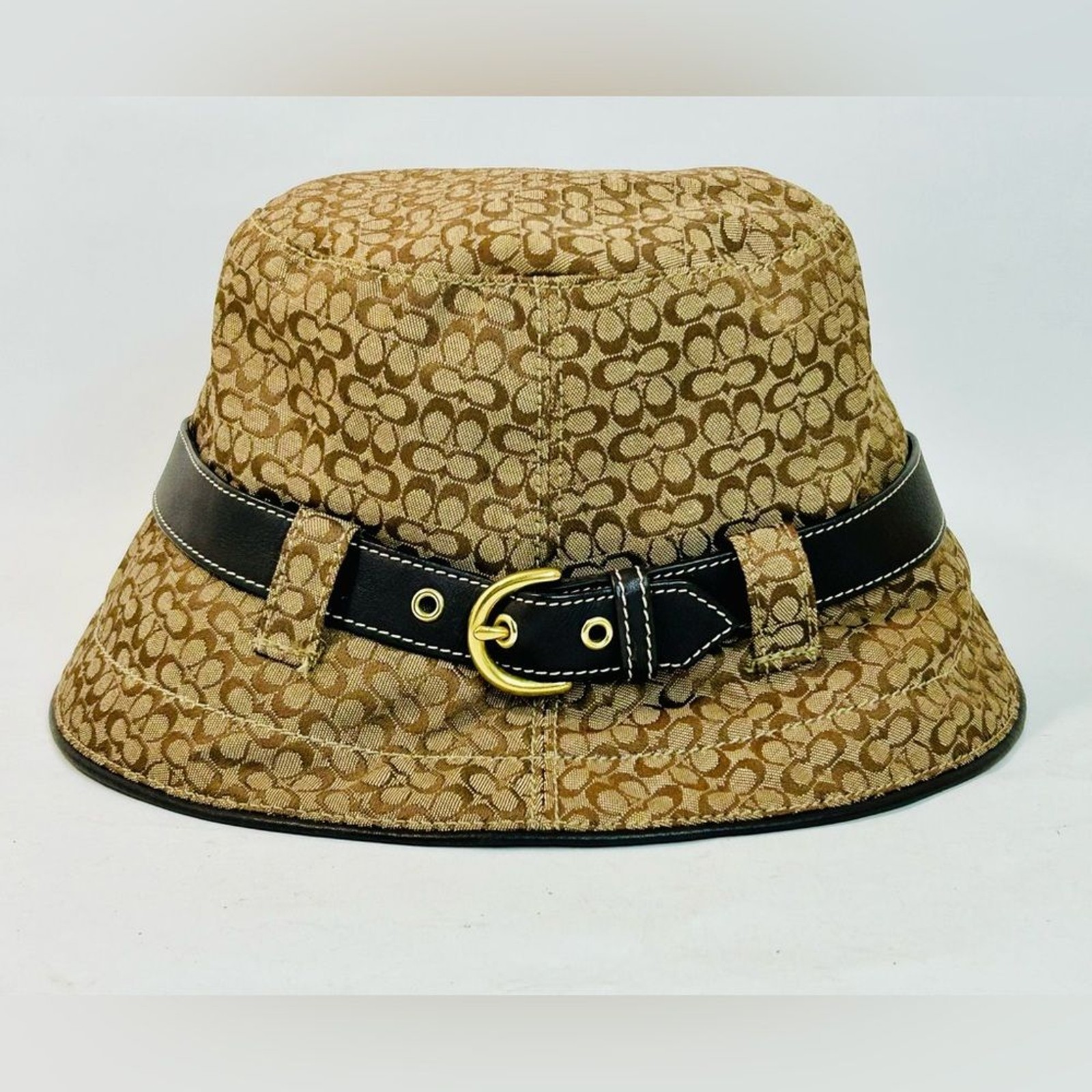 Coach Monogram Bucket Hat Khaki Brown Signature CC Logo with Leather Belt