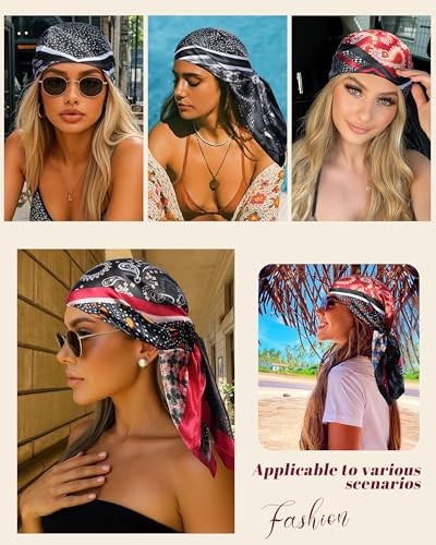 35.5” Large Square Satin Scarf for Hair – 4Pcs Printed Like Silk Head Scarf