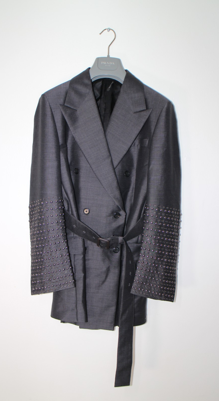 NEW PRADA Milano Belted Double Breasted Blazer Studded Sleeves Wool Mohair IT 42