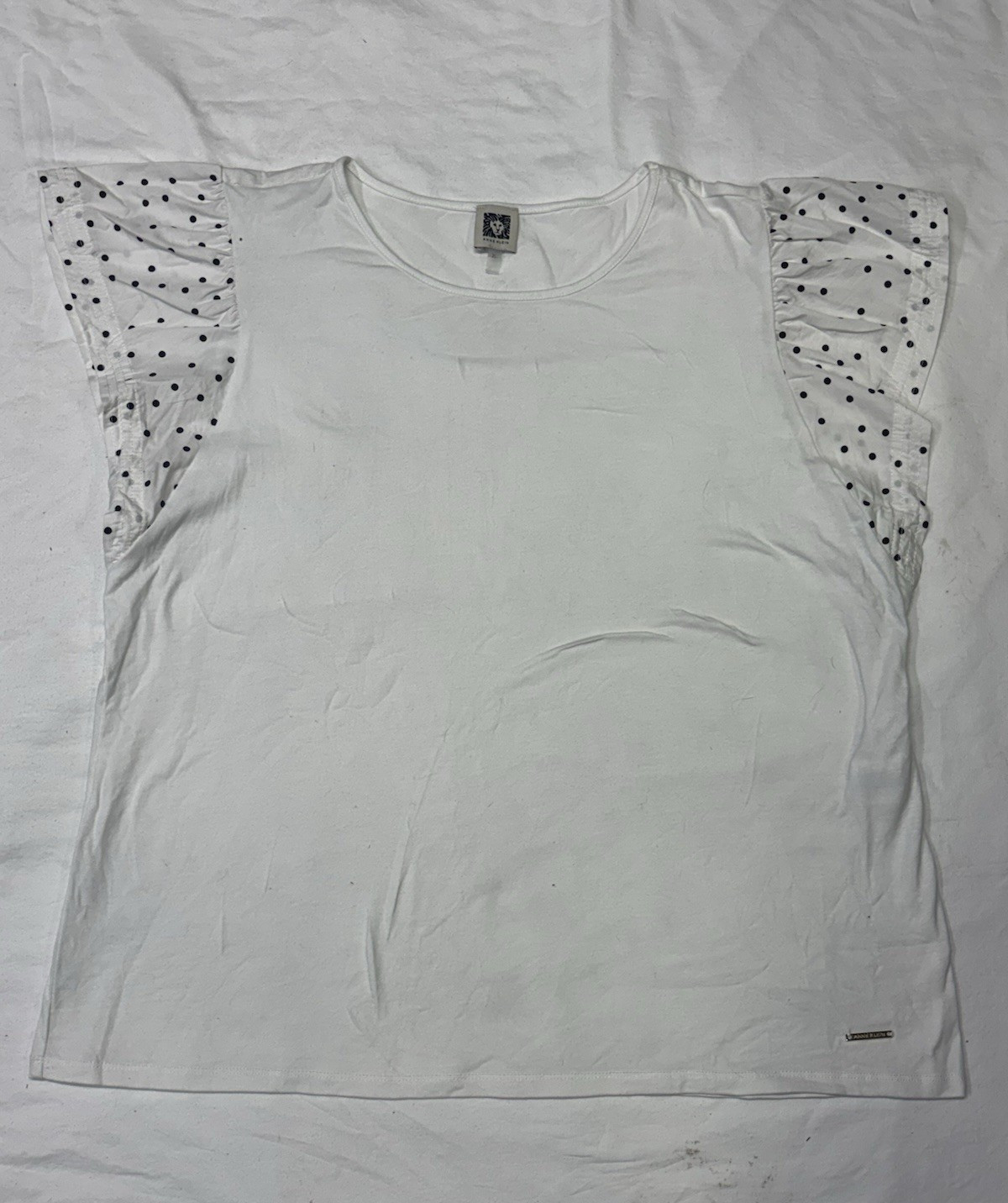 Anne Klein White Black Polka Dot Ruffle Short Sleeve Round Neck T-Shirt XL