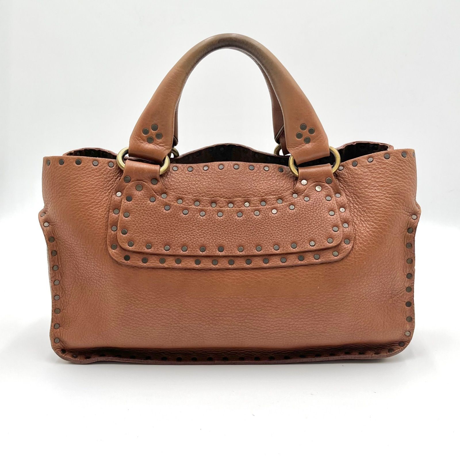 Auth Celine Boogie Bag Y2K Studded Leather Handbag, Brown 2Y9364