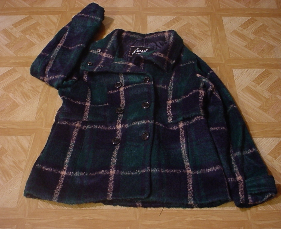 Fresh New York Women’s Double Breasted Green/Navy Blue Plaid Faux Wool Peacoat L