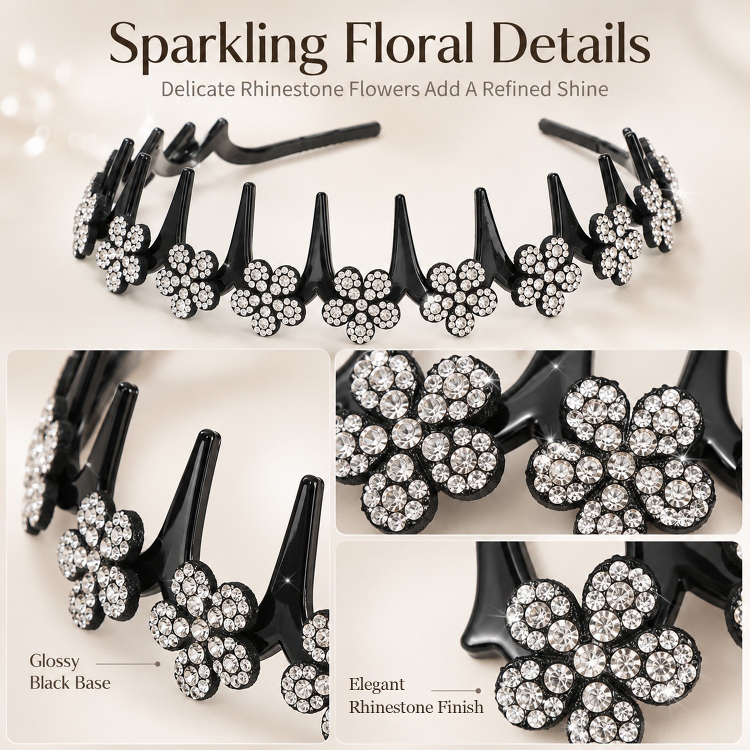 4PCS Glitter Rhinestone Butterfly Flowers Crystal Wavy Teeth Headband for Women