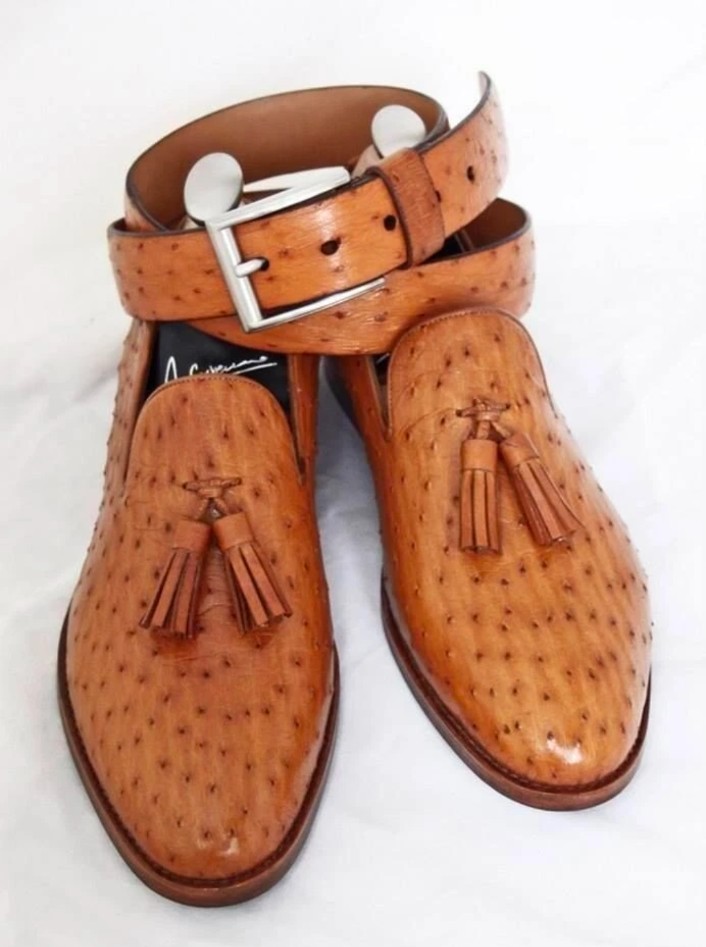 Handmade men ostrich Leather tassels Loafer shoes, Slip on Shoe