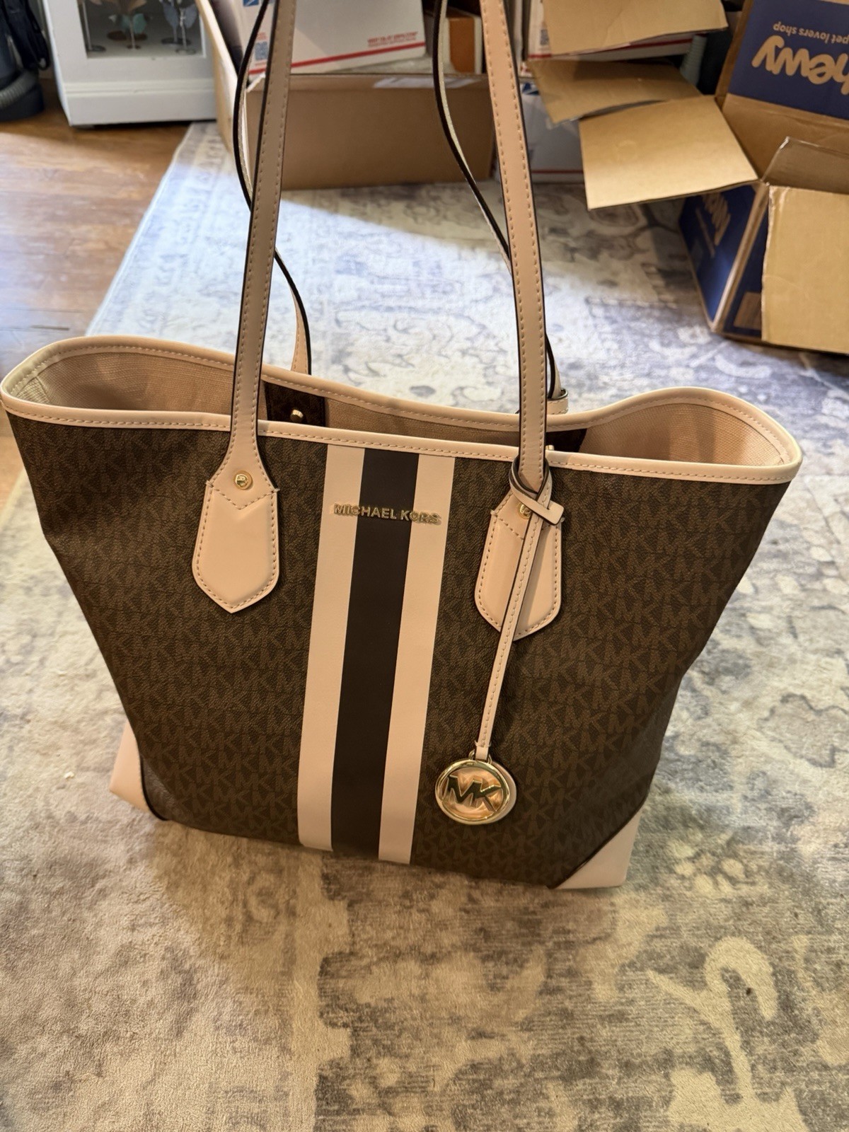 Michael Kors Signature MK Monogram Large Tote Brown/Beige w Pouch & Charm