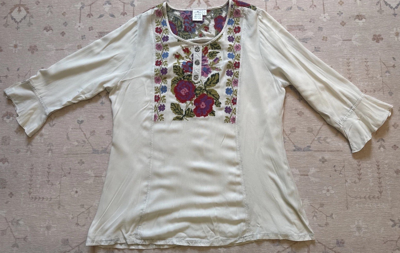 Parsley and Sage Cross Stitch Floral Bohemian Peasant Blouse Tunic Size Large