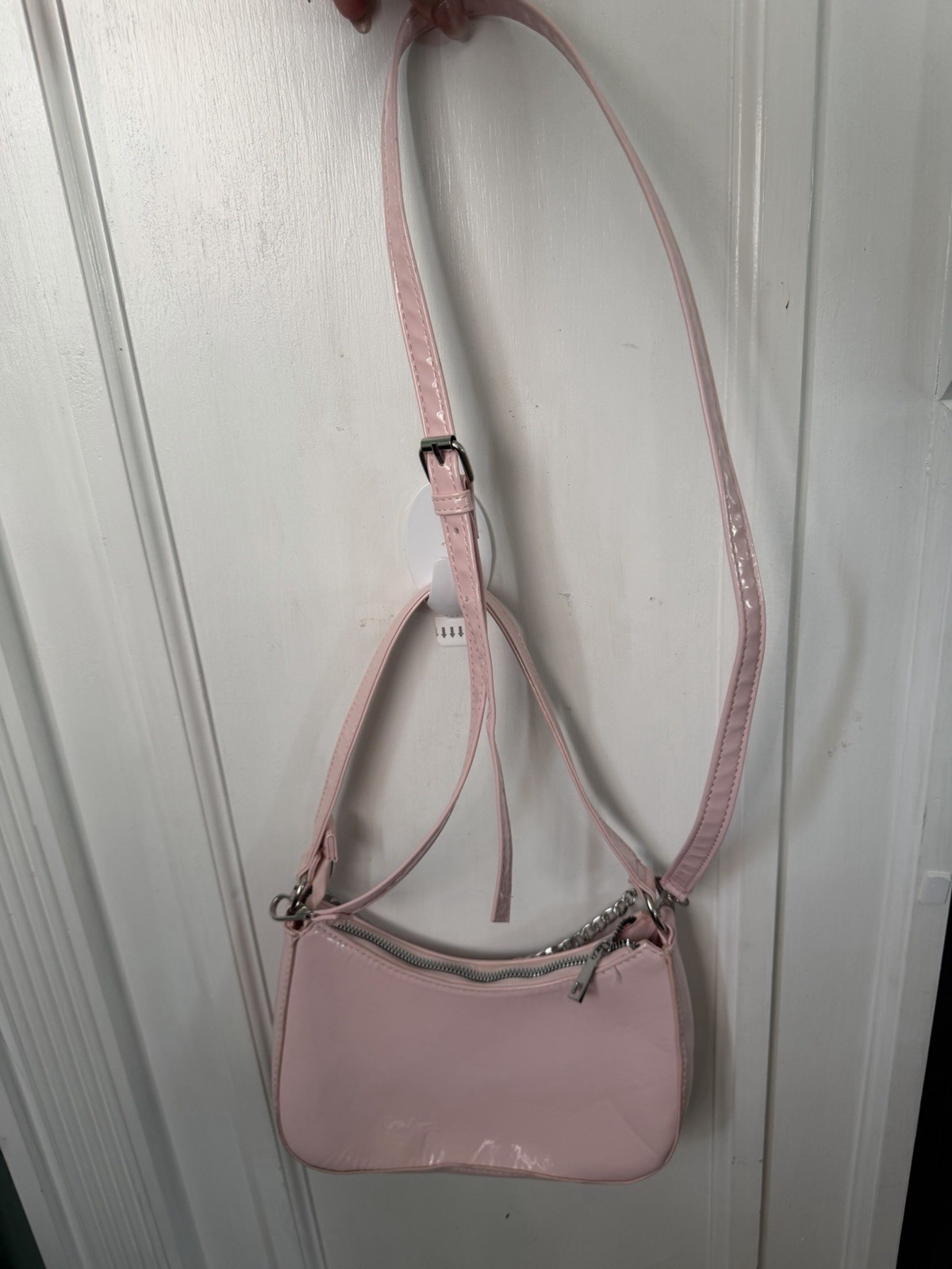 Primark Pink Patent Shoulder Bag Crossbody Strap Detachable Strap Silver Zip