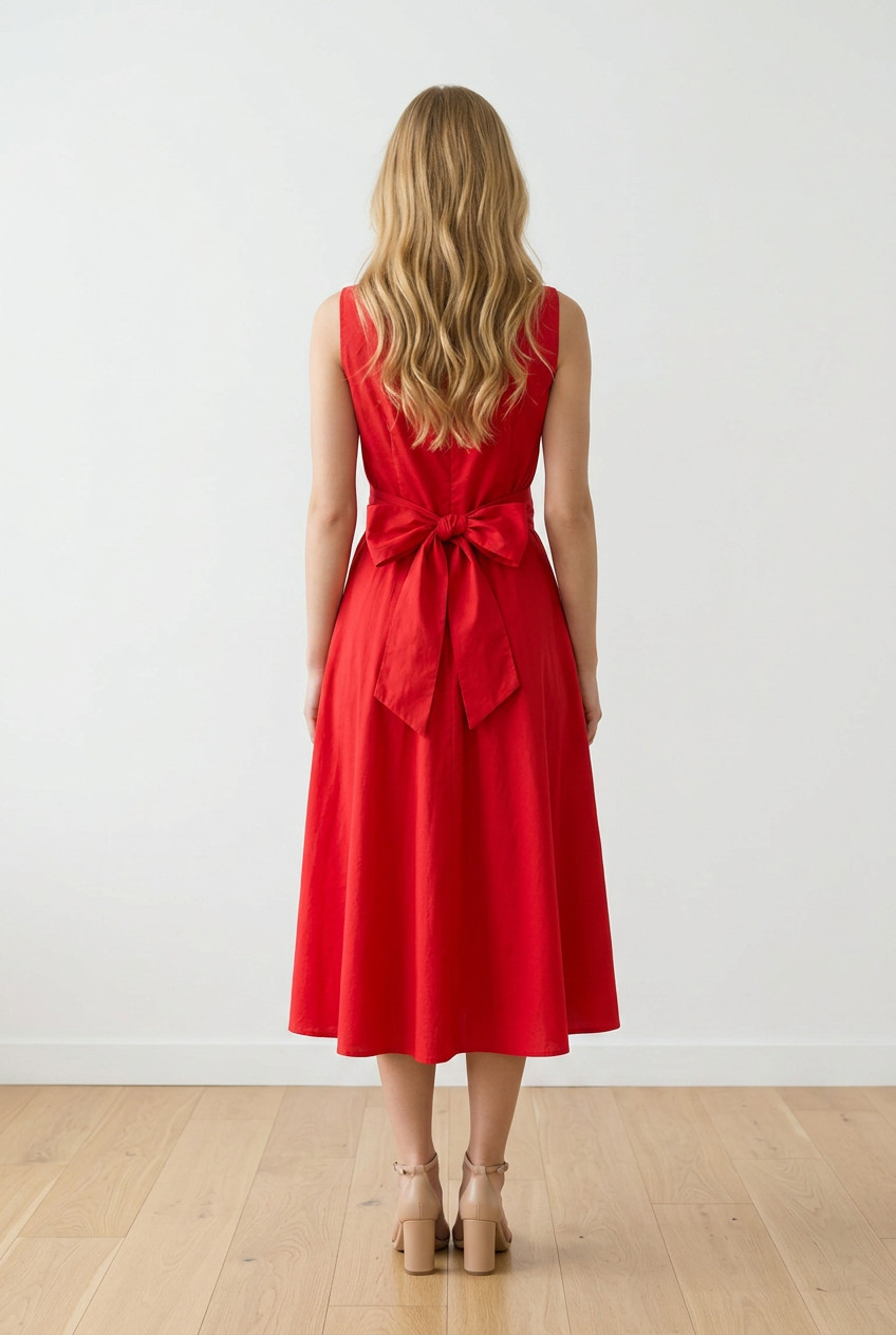 Sandro Ferrone women’s red sleevless midi dress tie waist A-line cotton summer S