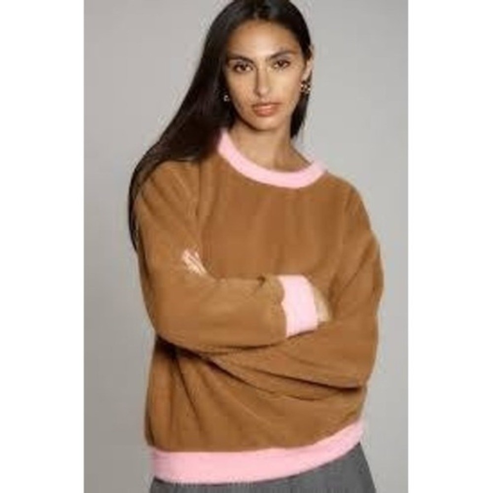 Maeve Anthropologie Brown Pink Eyelash Knit Fuzzy Colorblock Sweater Small NWOT