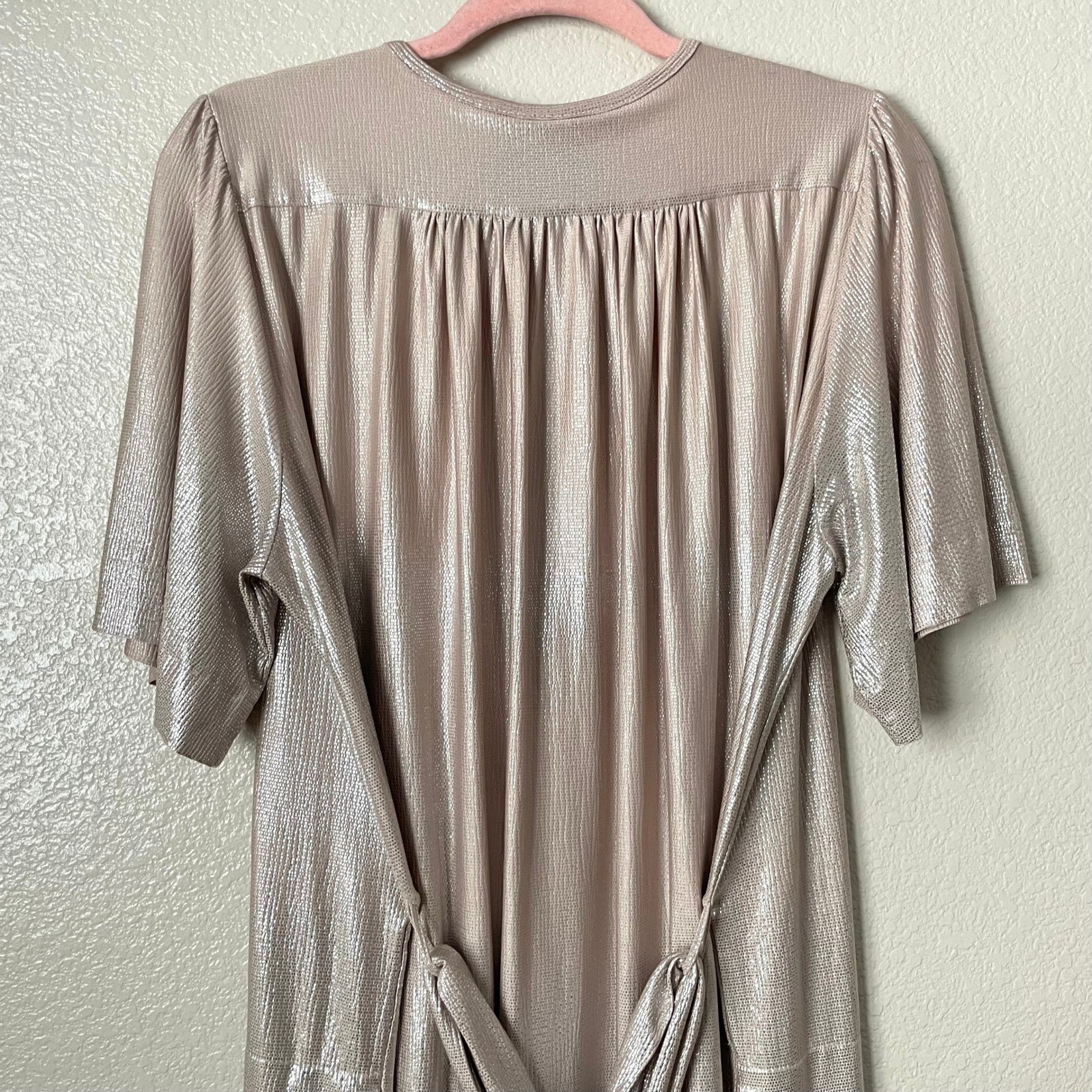 Sabina Musayev Dress Large Metallic Shimmer Pleated Mini Button Front Belted
