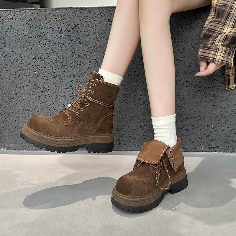 Real Leather Suede Ankle Boots Womens Platform British Thick Soled Casual Shoes