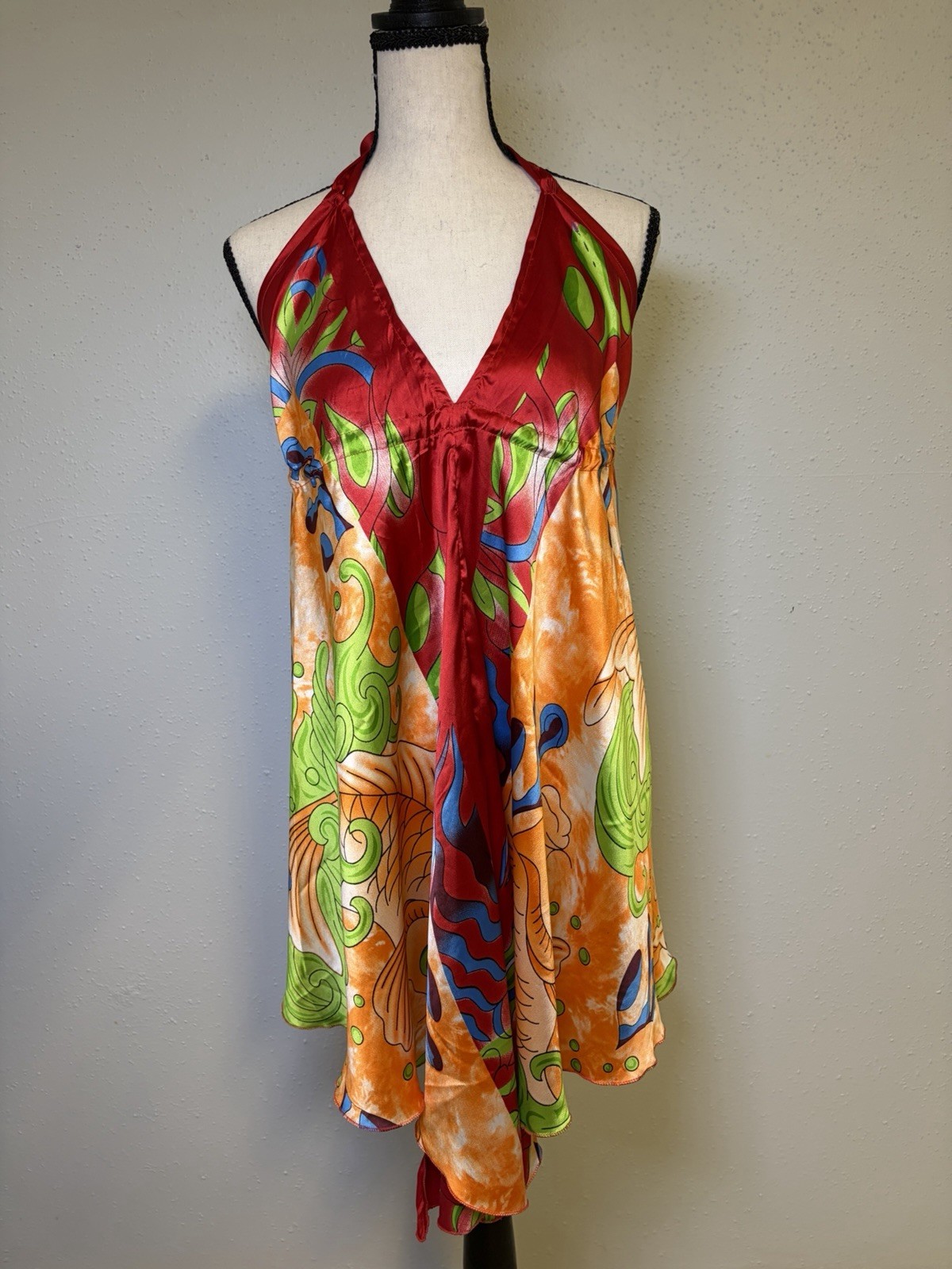 India Boutique Vibrant Flowy Koi Fish Print Halter Mini Dress One Sz Bohemian