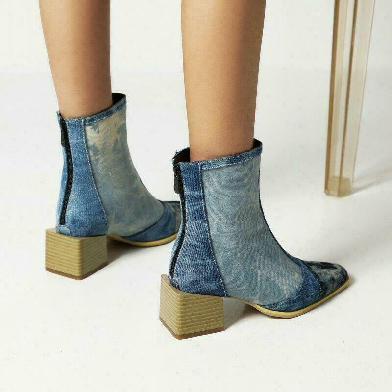 Splicing Leather Denim Women’s Ankle Boots Low Cuban Heel Shoes Casual Patchwork