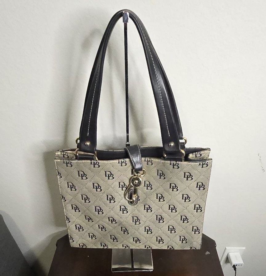 Dooney & Bourke Signature Monogram Quilted Canvas Tote with Leather Trim and Gol