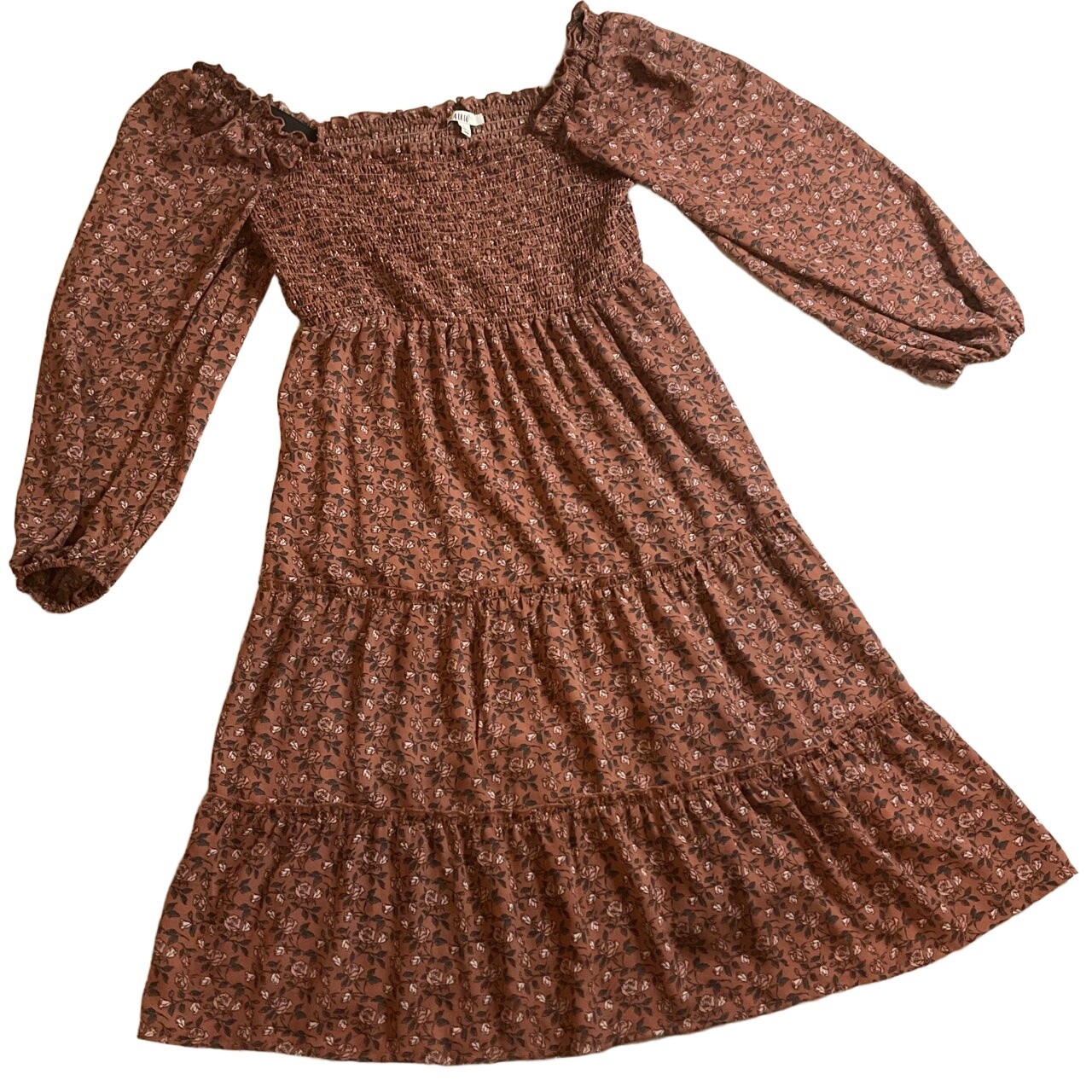 A.U.W Brown Floral Tiered Bohemian Dress Long Sleeve Off-Shoulder Large