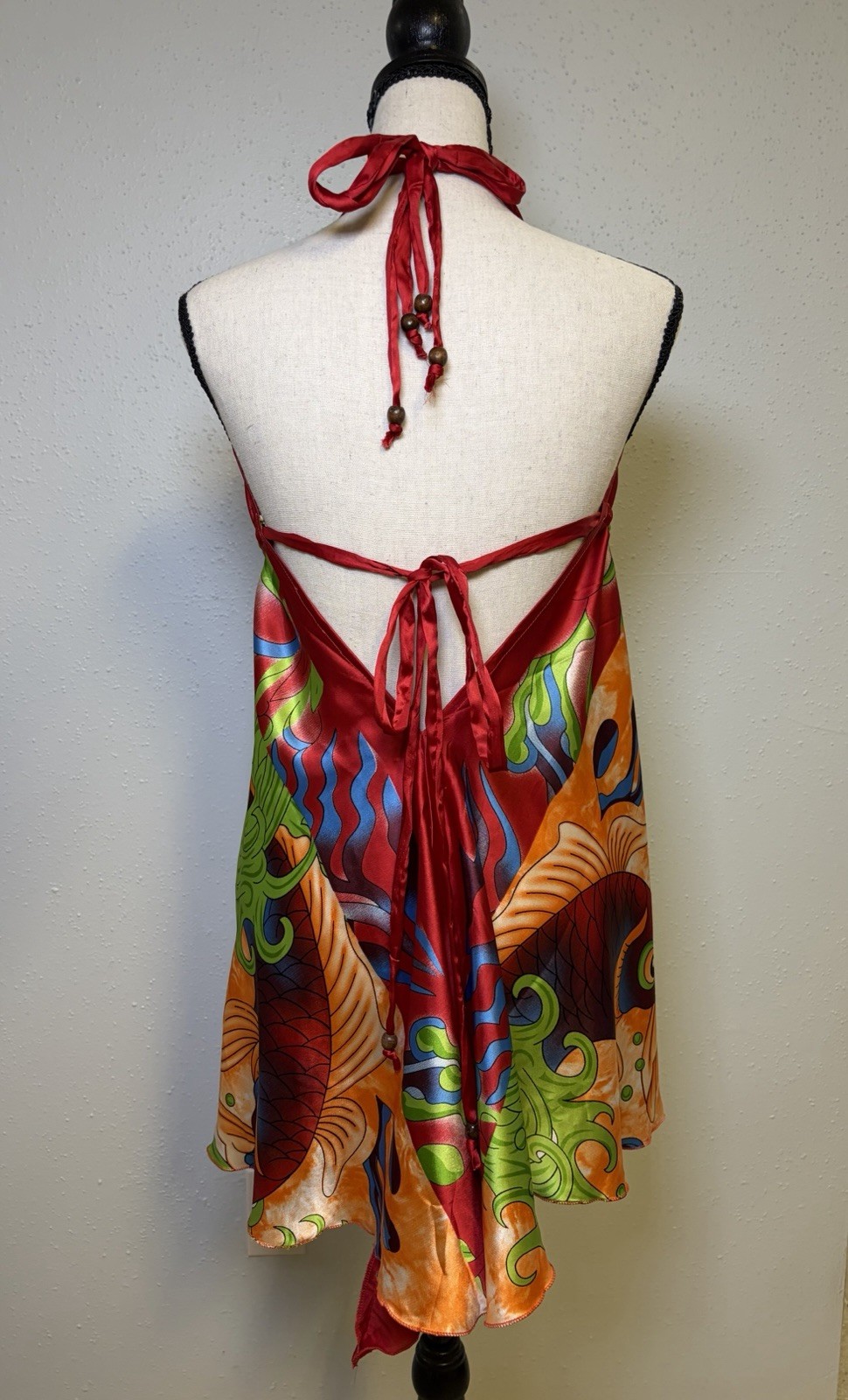 India Boutique Vibrant Flowy Koi Fish Print Halter Mini Dress One Sz Bohemian