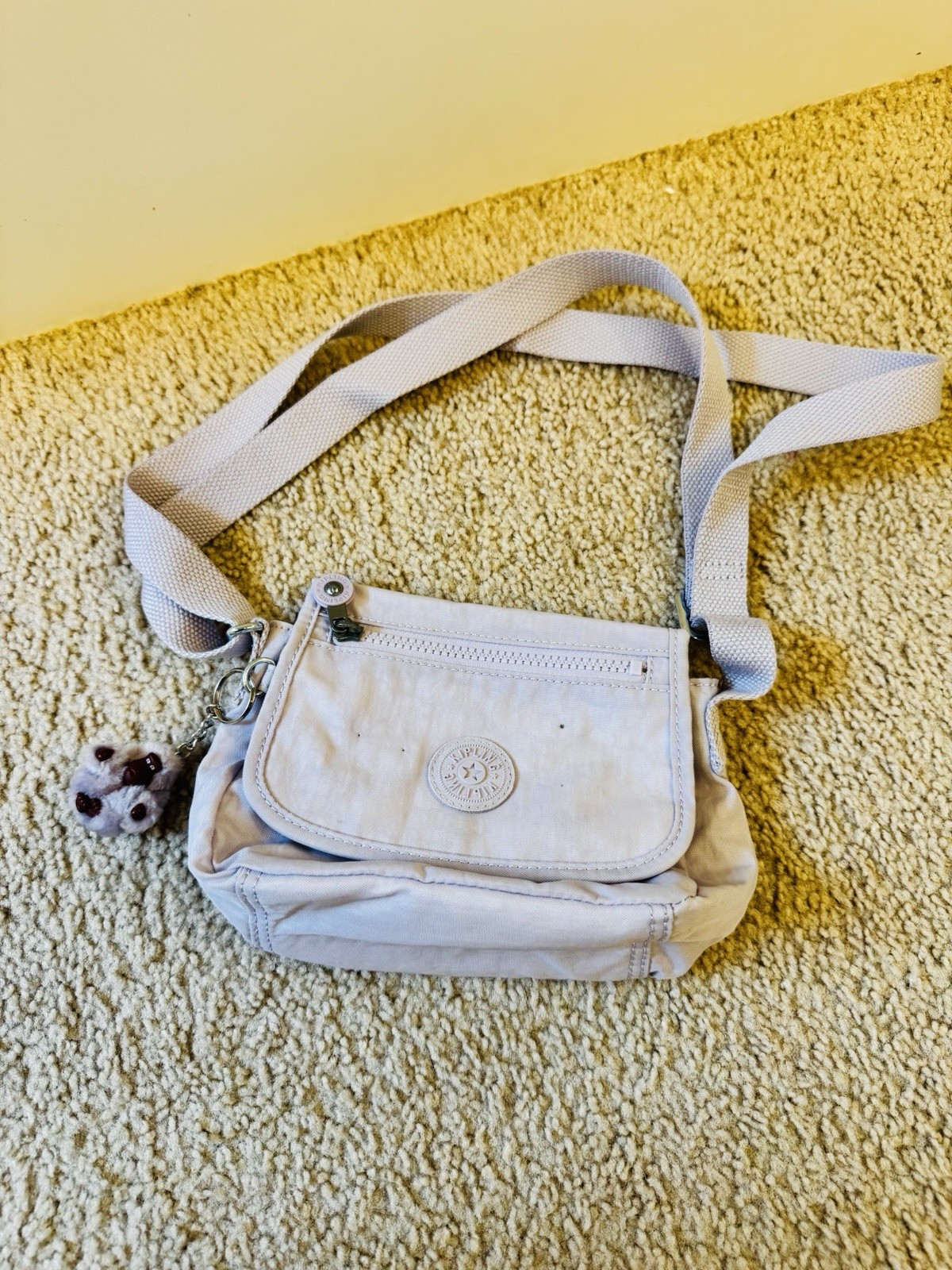 Kipling Beige Small Crossbody Bag Monkey Charm Silver Hardware Adjustable Zip