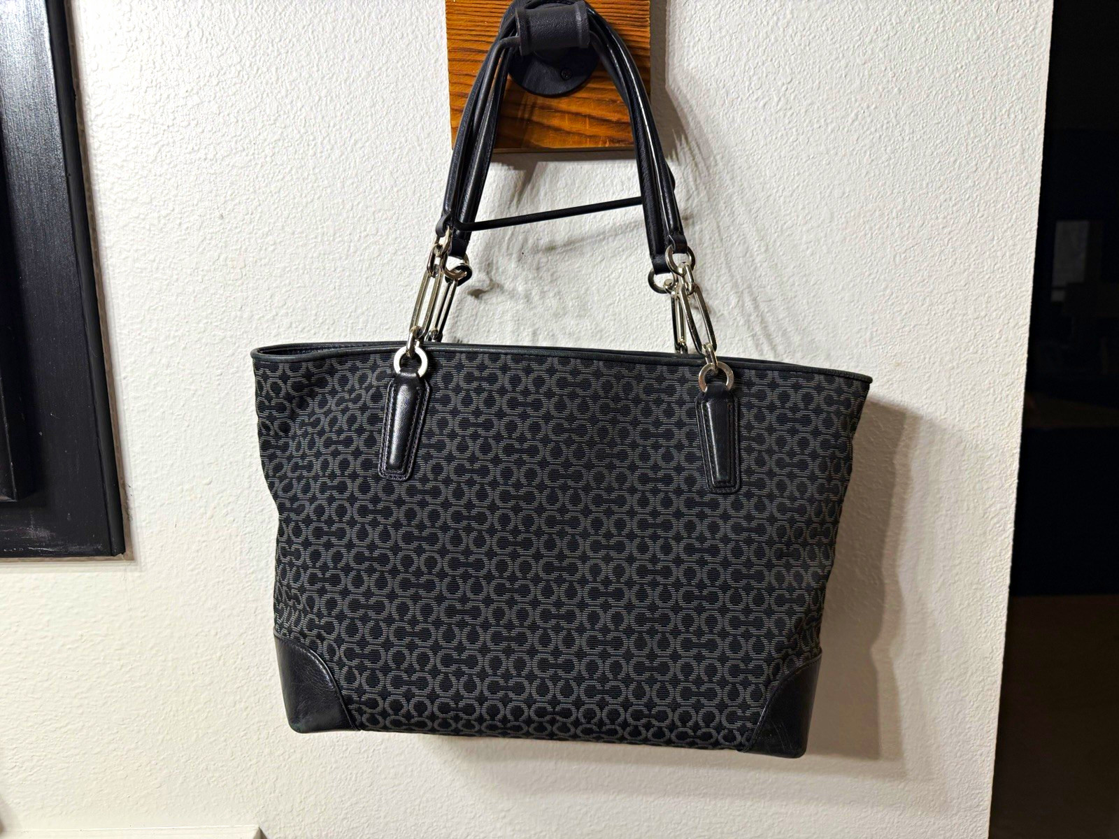 Coach Black/Gray Signature Logo Zip Top Tote, Blue Lined Pockets Silver