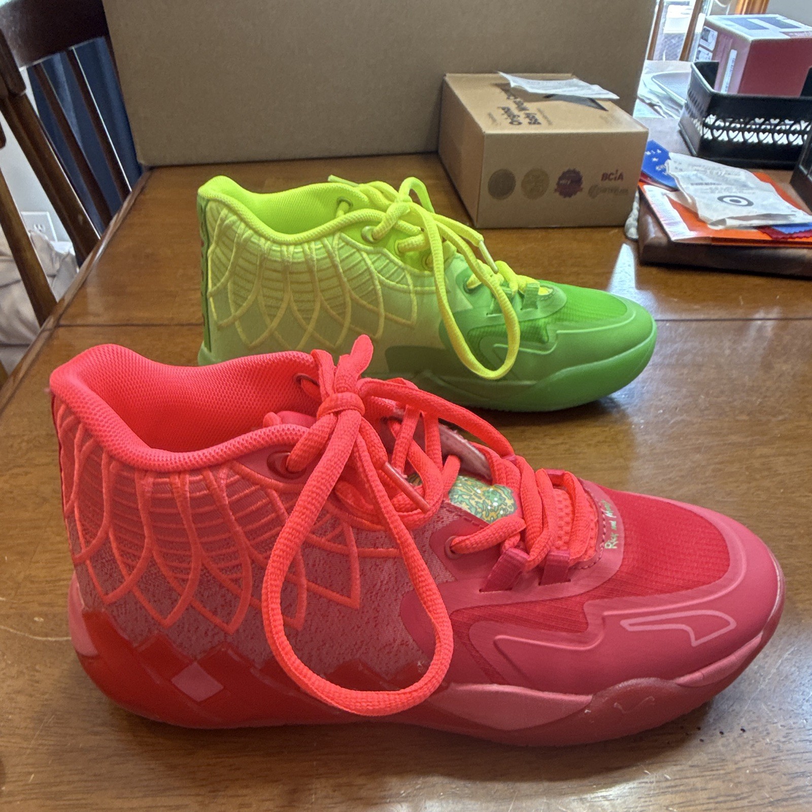 PUMA MB 01 Rick and Morty Mismatched Green/Red Colorblock Mid Top Sneakers