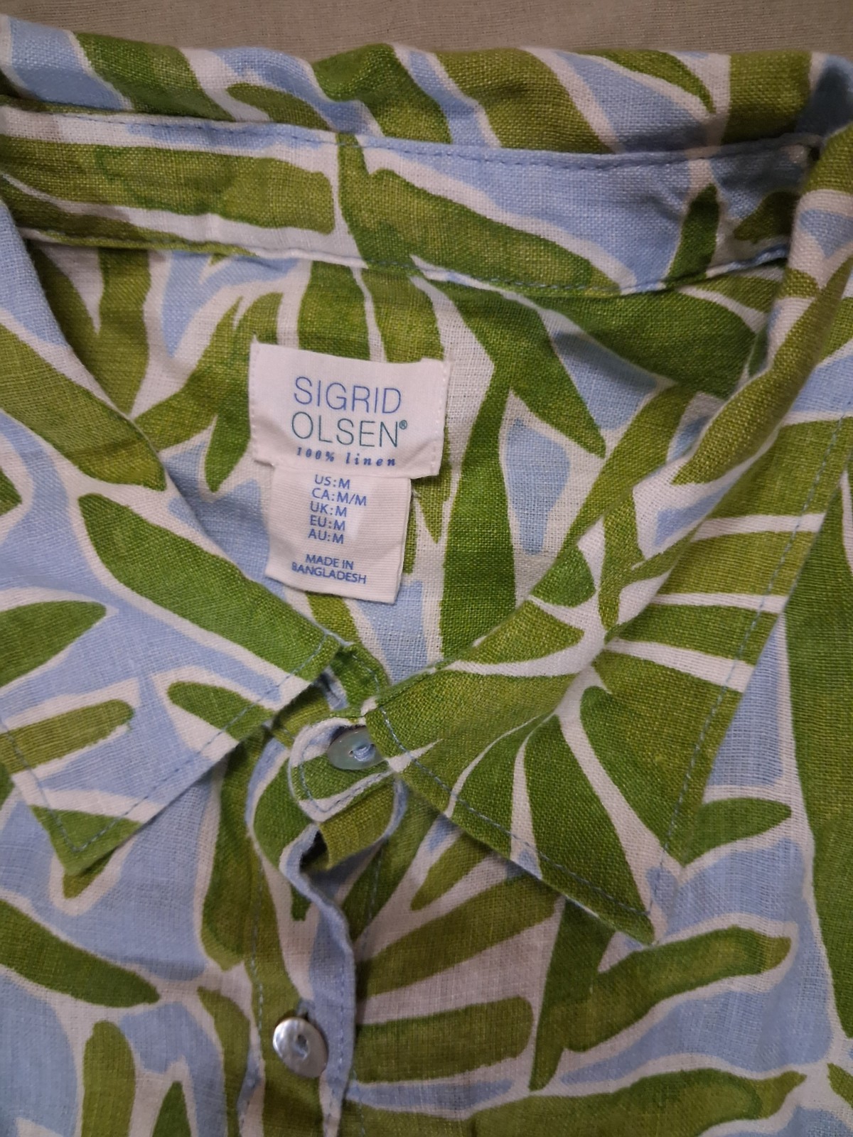 Sigrid Olsen 100% Linen Blouse Medium M Tropical Green Blue Palm Leaf Button Up