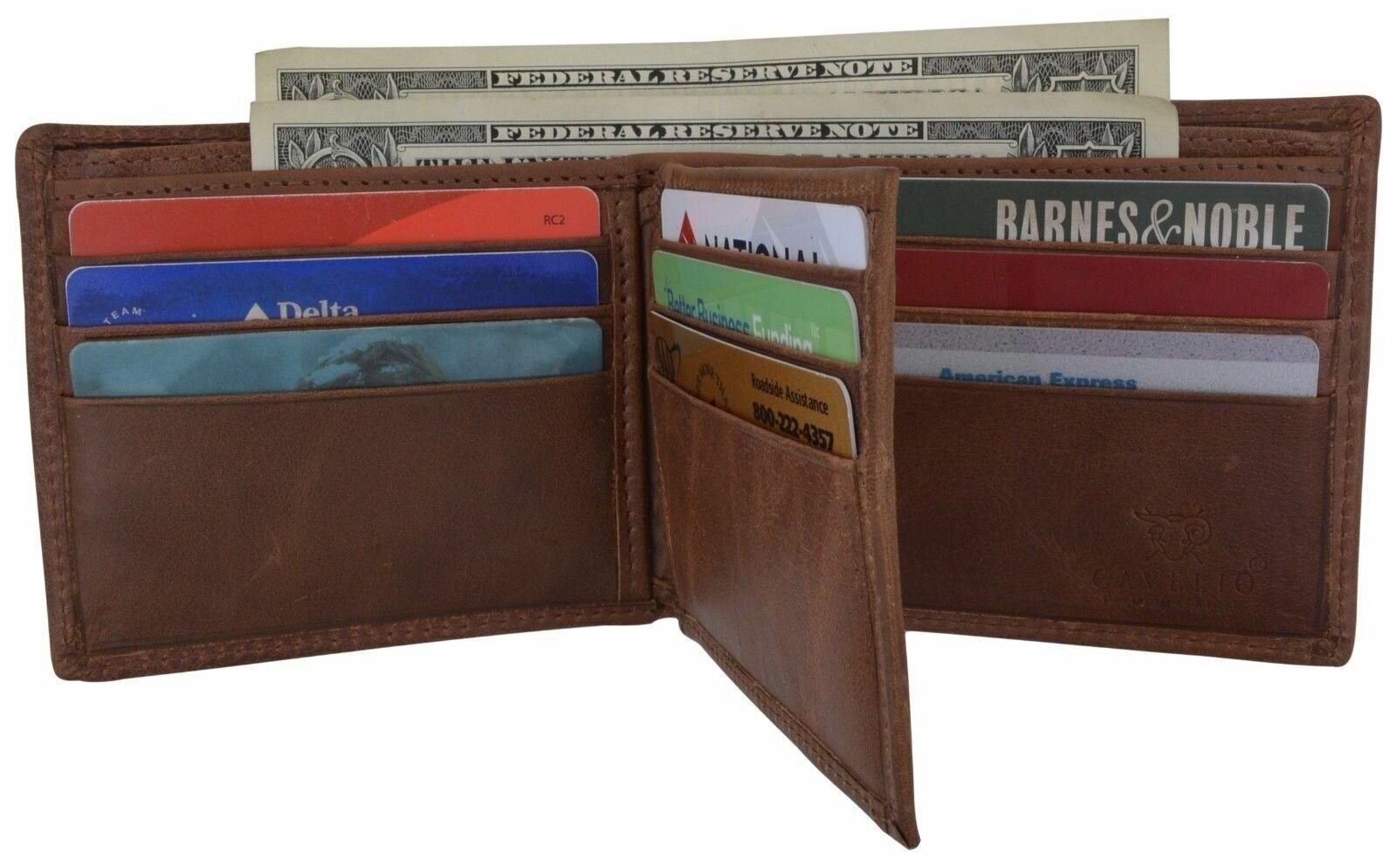 Premium Leather Mens Bifold Center Card ID Flap Tan Wallet Gift Box by Cavelio