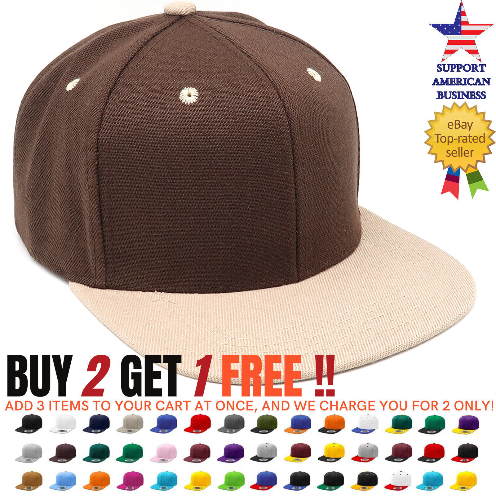 Baseball Cap Plain Snapback Adjustable One Size Trucker Hat New Flat Bill Black