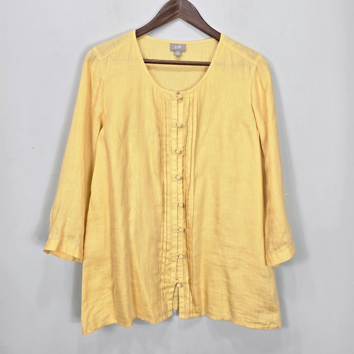 J. Jill Yellow 100% Linen Toggle Button Pintuck Pleated Tunic Top Womens Medium